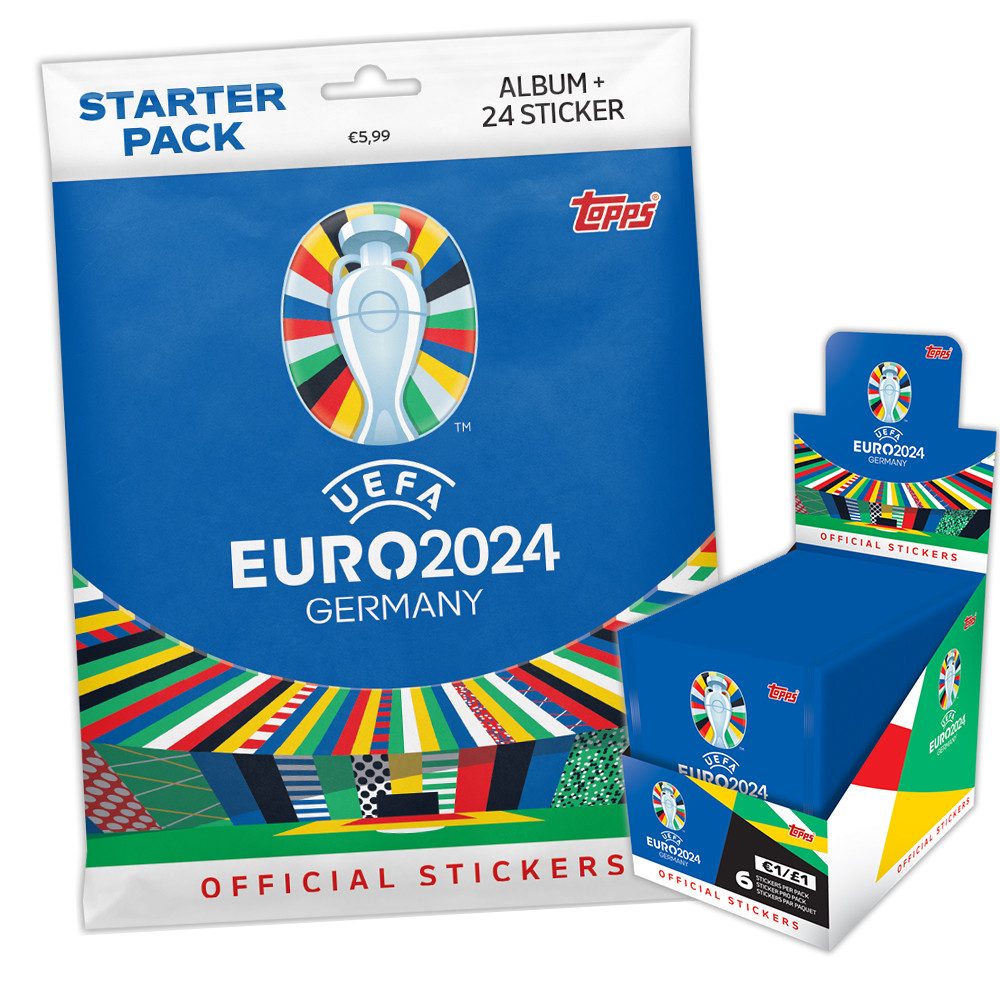Topps Sammelkarte UEFA EM 2024 Germany Sticker 1 Starter Pack + 1 Display (100 Tüten)