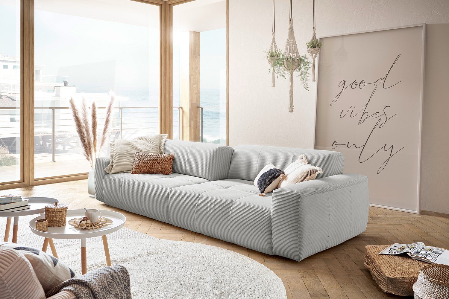 Farben versch. Sitztiefenverstellung Sofa Big 3-Sitzer hellgrau mit PALACE, Cord KAWOLA