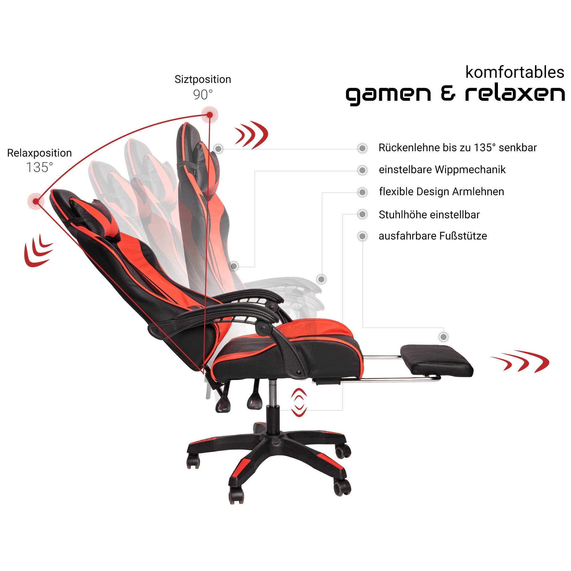 TRISENS Chefsessel Fußstütze mit (1 Gaming Design-Armlehnen Chair mit Gaming Stück), Schwarz/Rot flexiblen Konrad Stuhl