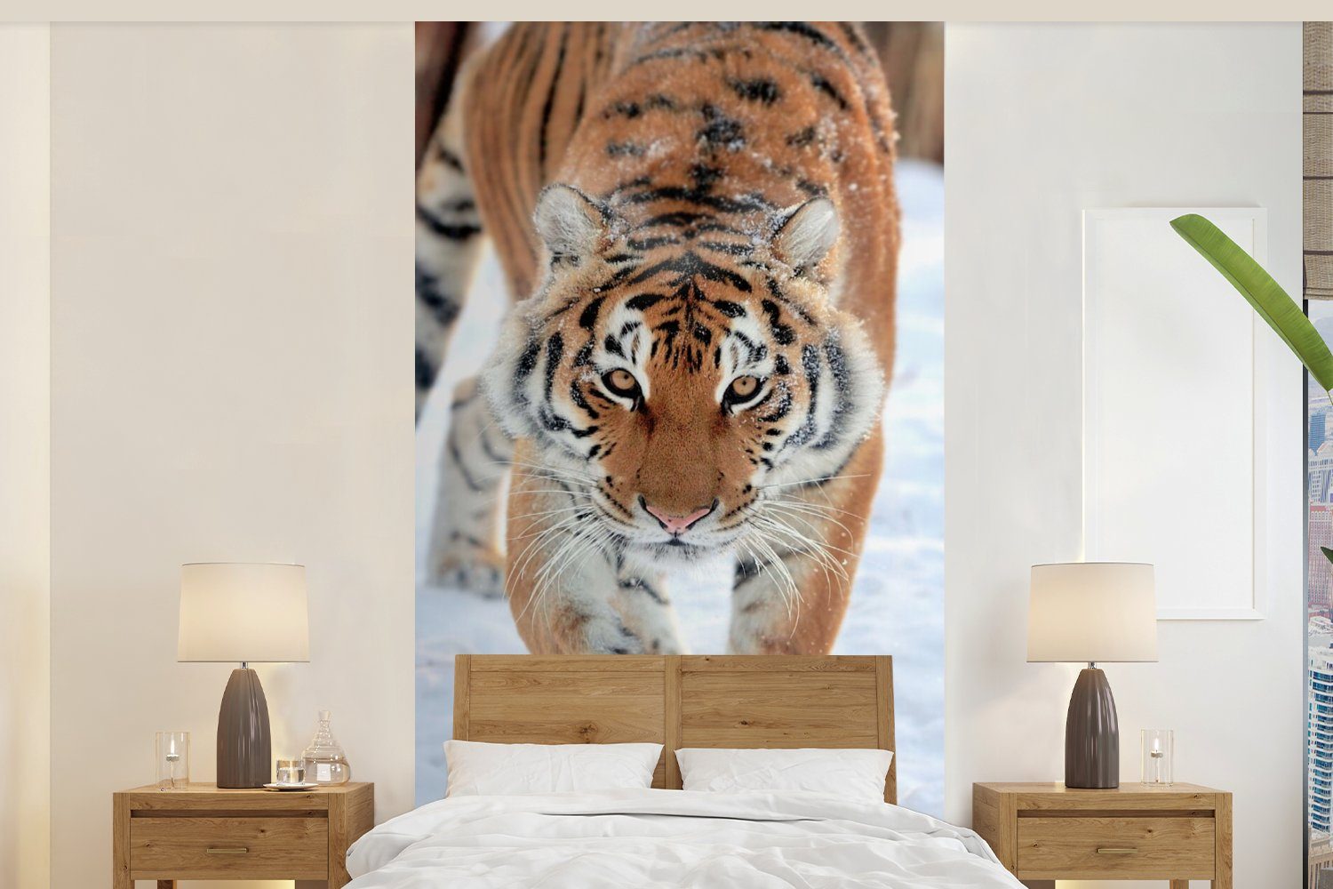 MuchoWow Fototapete Tiger - Schnee - Tiere, Matt, bedruckt, (2 St), Vliestapete für Wohnzimmer Schlafzimmer Küche, Fototapete
