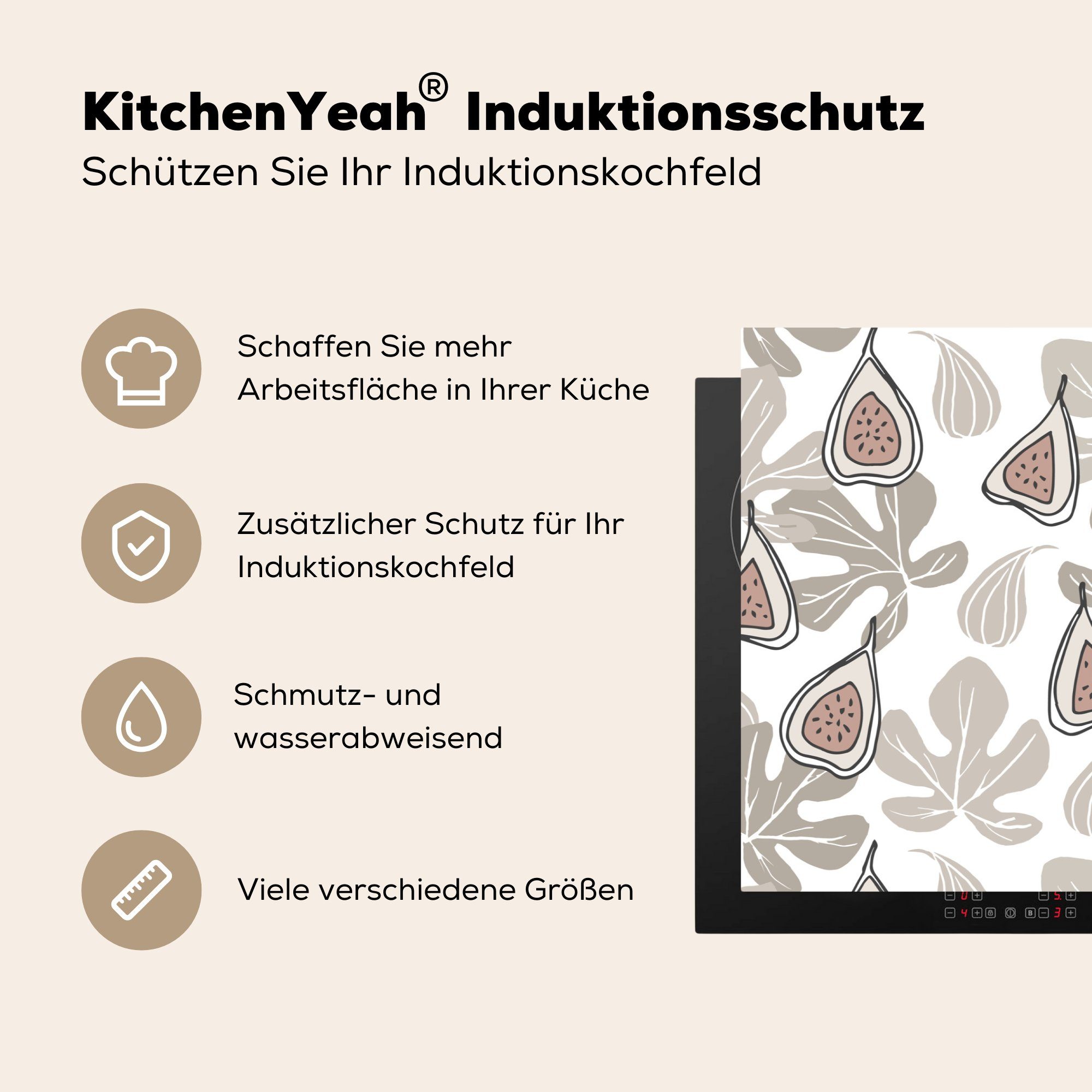 MuchoWow Herdblende-/Abdeckplatte Sommer - Blätter, 81x52 tlg), für cm, - Feigen (1 Vinyl, Induktionskochfeld Ceranfeldabdeckung küche, die Schutz