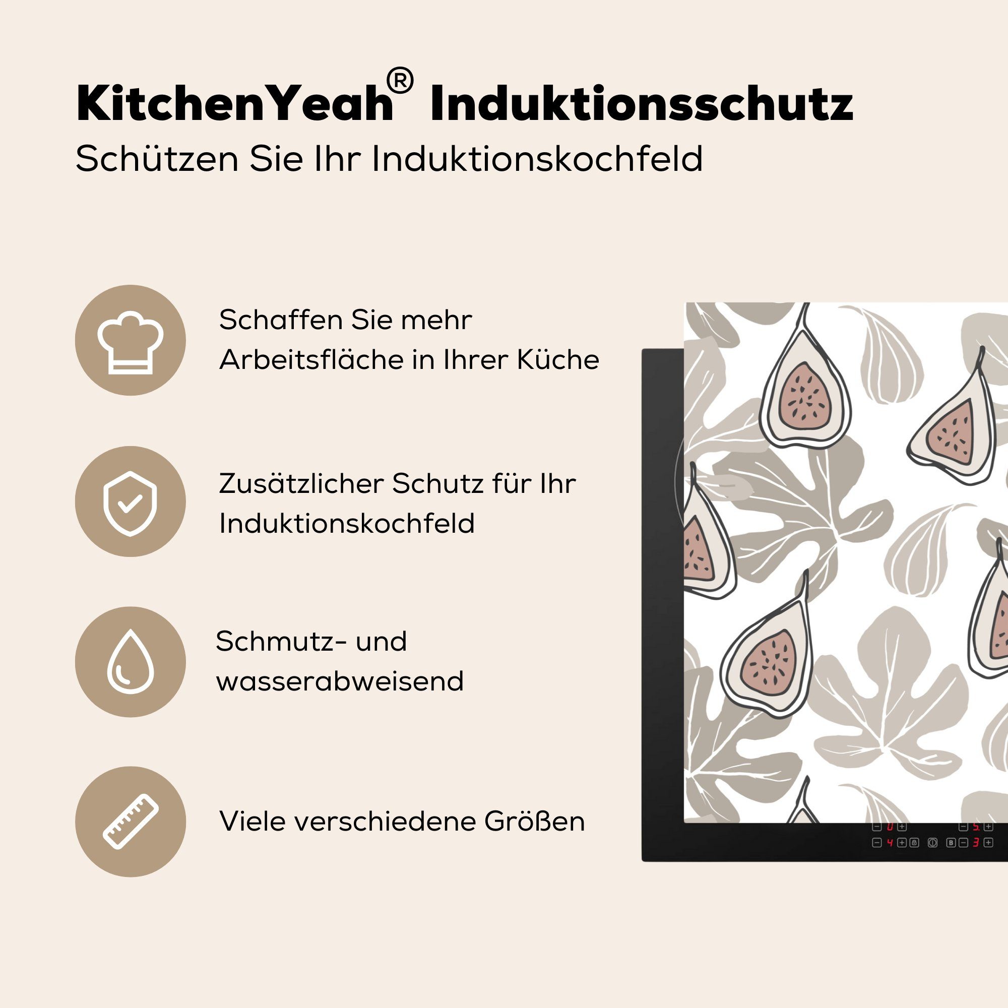 MuchoWow Herdblende-/Abdeckplatte Sommer - für Schutz die cm, Ceranfeldabdeckung Induktionskochfeld tlg), Vinyl, küche, 81x52 - Feigen Blätter, (1