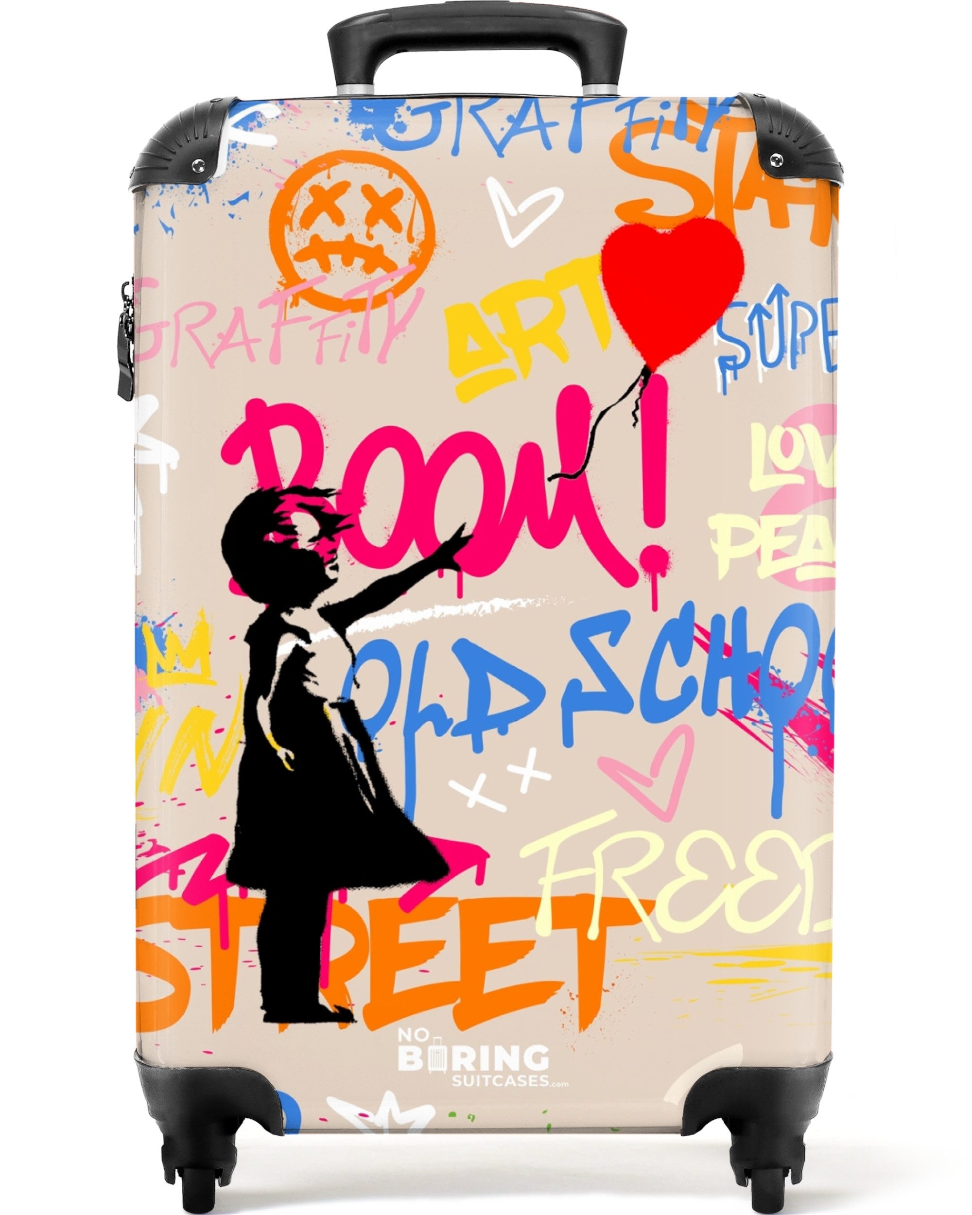NoBoringSuitcases.com© Hartschalen-Trolley Mädchen mit Luftballon für Graffiti-Kunst 55x35x20cm, Reisetasche mit Rollen, Koffer Handgepäck Flugzeug