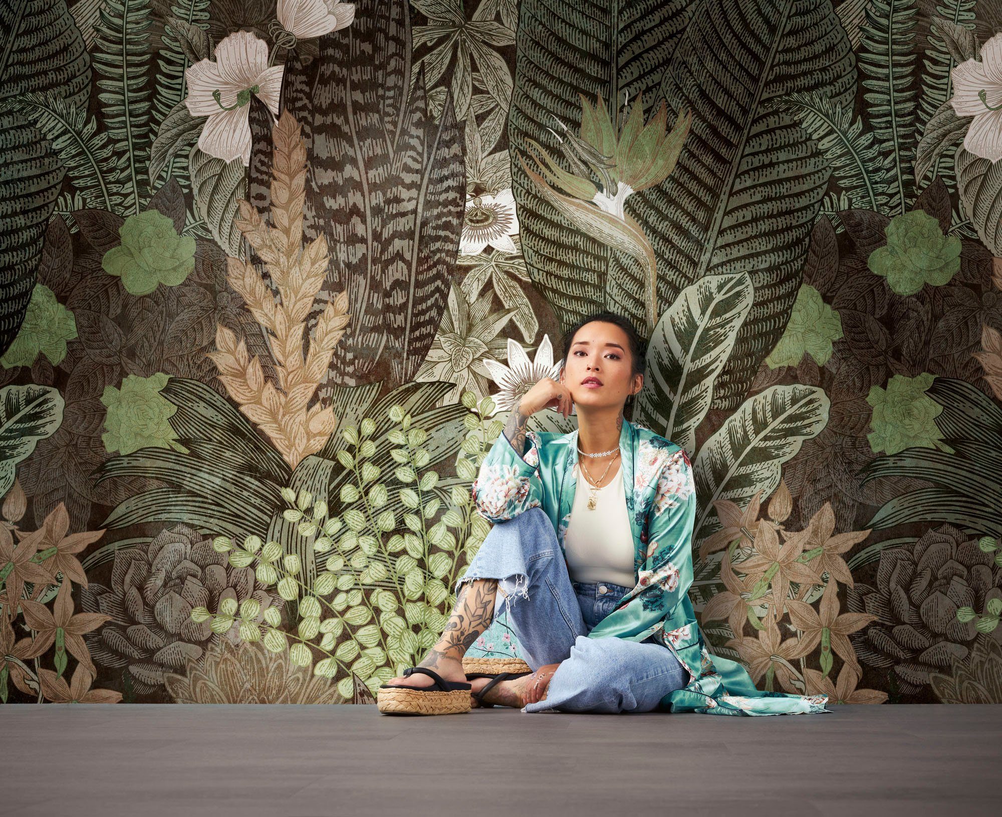 living walls Fototapete The Wall, glatt, botanisch, floral, natürlich, Fototapete Palmen Tapete Dschungel Tapeten Wohnzimmer Design Optik