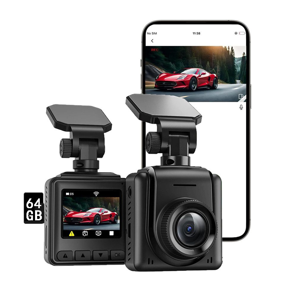 Dashcam Auto Vorne 1,5" IPS Display WiFi & 64GB Karte Mini Dash Cam Dashcam