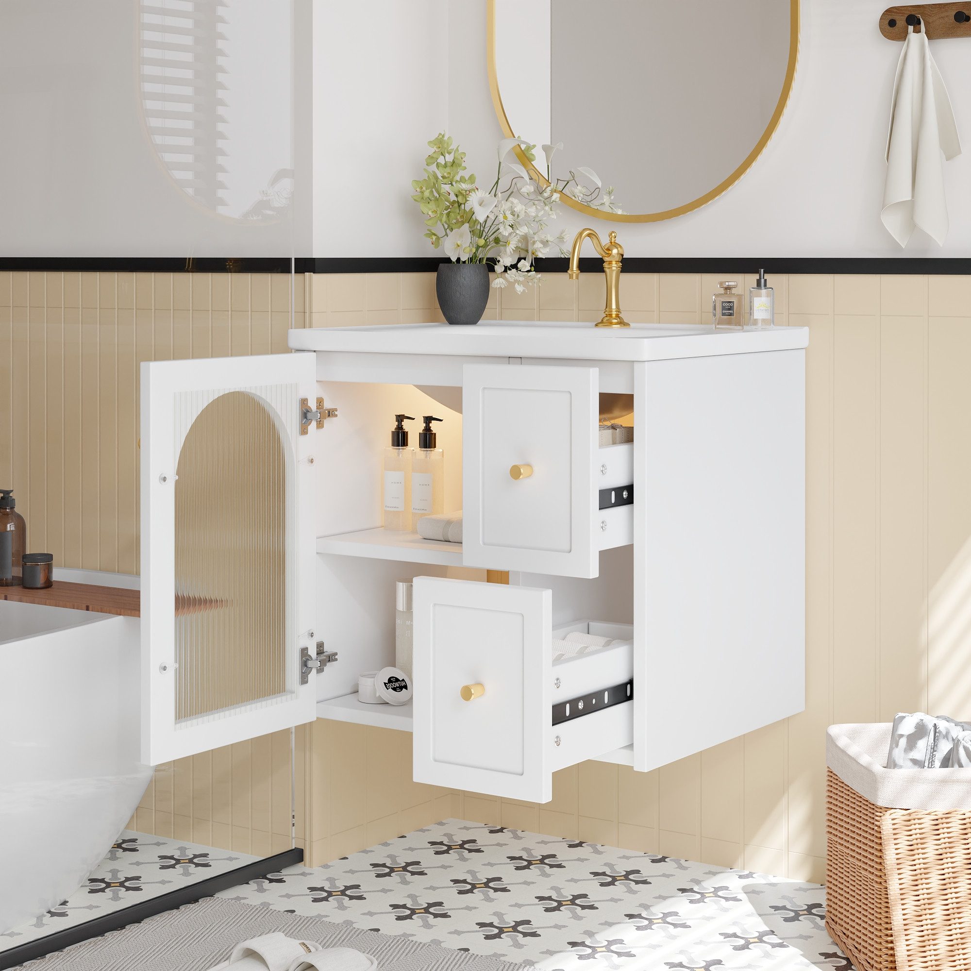 STILVORA Waschbeckenunterschrank mit LED-Beleuchtung Wandmontierter Badschrank mit Keramikbecken Weiß (geriffeltem Glastür & Metallgriffen,mit Soft-Closing, Wandmontierter Badschrank,auslaufsicherem Design,Wandmontage) 60.5*47.5*57cm(L x B x H),Soft-Closing-Scharniere und Gleitschienen