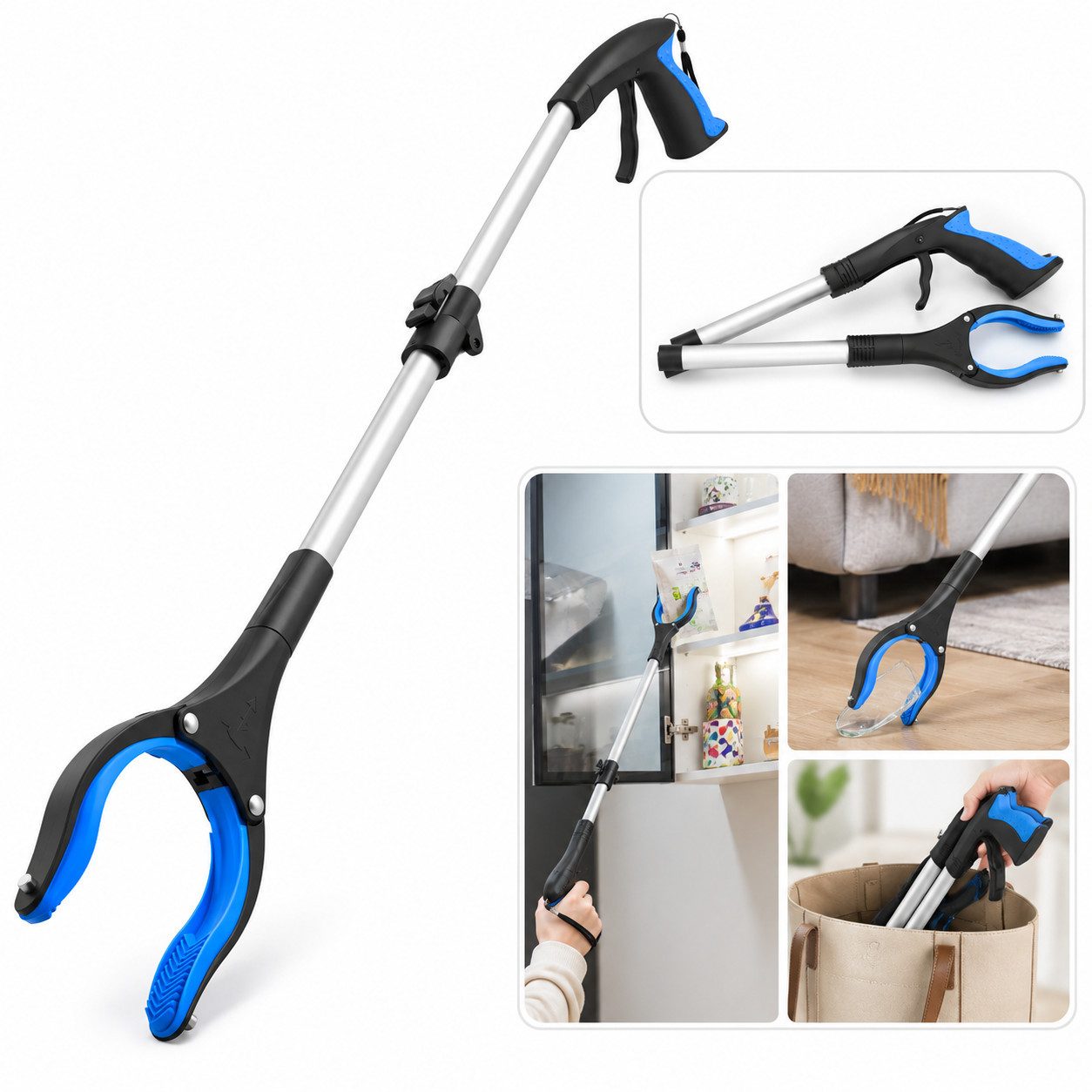 ibettertec Greifzange Müllgreifer mit Silikongreifer stabil für Innen Außen & Straße, Set 1-tlg., Aluminium-Schaft, rutschfester Silikon-Greifkopf, Rückenschonendes Arbeiten, faltbares Design für platzsparende