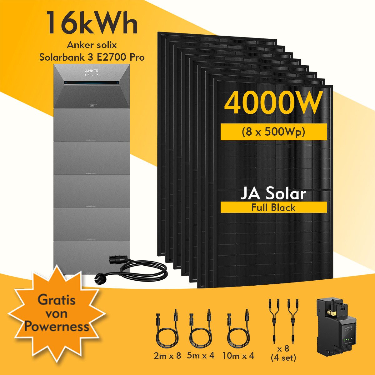 Anker Balkonkraftwerk 4000W Anker SOLIX Solarbank 3 E2700 Pro mit Smart Meter, Zusatzsakkus, (Smart Meter und 8x JASolar 500Wp Full Black im Lieferumfang enthalten), Speicher mit integriertem Wechselrichter, All-in-One 2,668kWh Akku