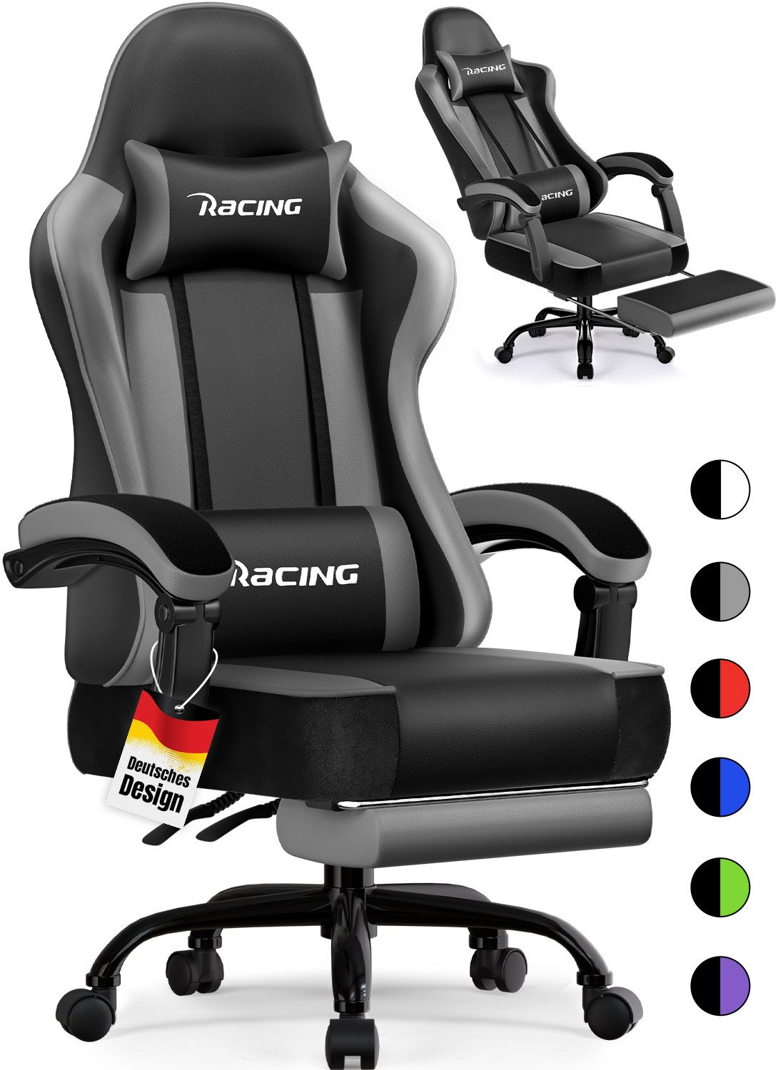 Hiazurm Gaming-Stuhl Gaming Stuhl Chair Gamer Sessel - Ergonomischer Gamer Stuhl (Tragkraft 150 Kg), Gamingstuhl mit Fußstütze Kopfstütze und Lordosenstütz PC Sessel