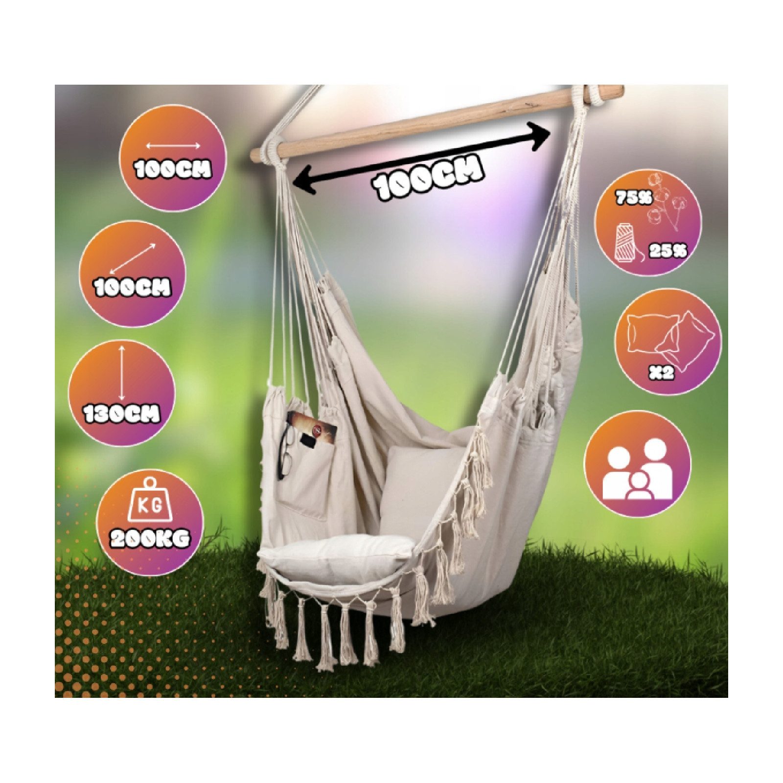 QLS Hängesessel Boho-Stil 130x100 cm, mit 2 Kissen Hängestuhl bis 200 kg be günstig online kaufen