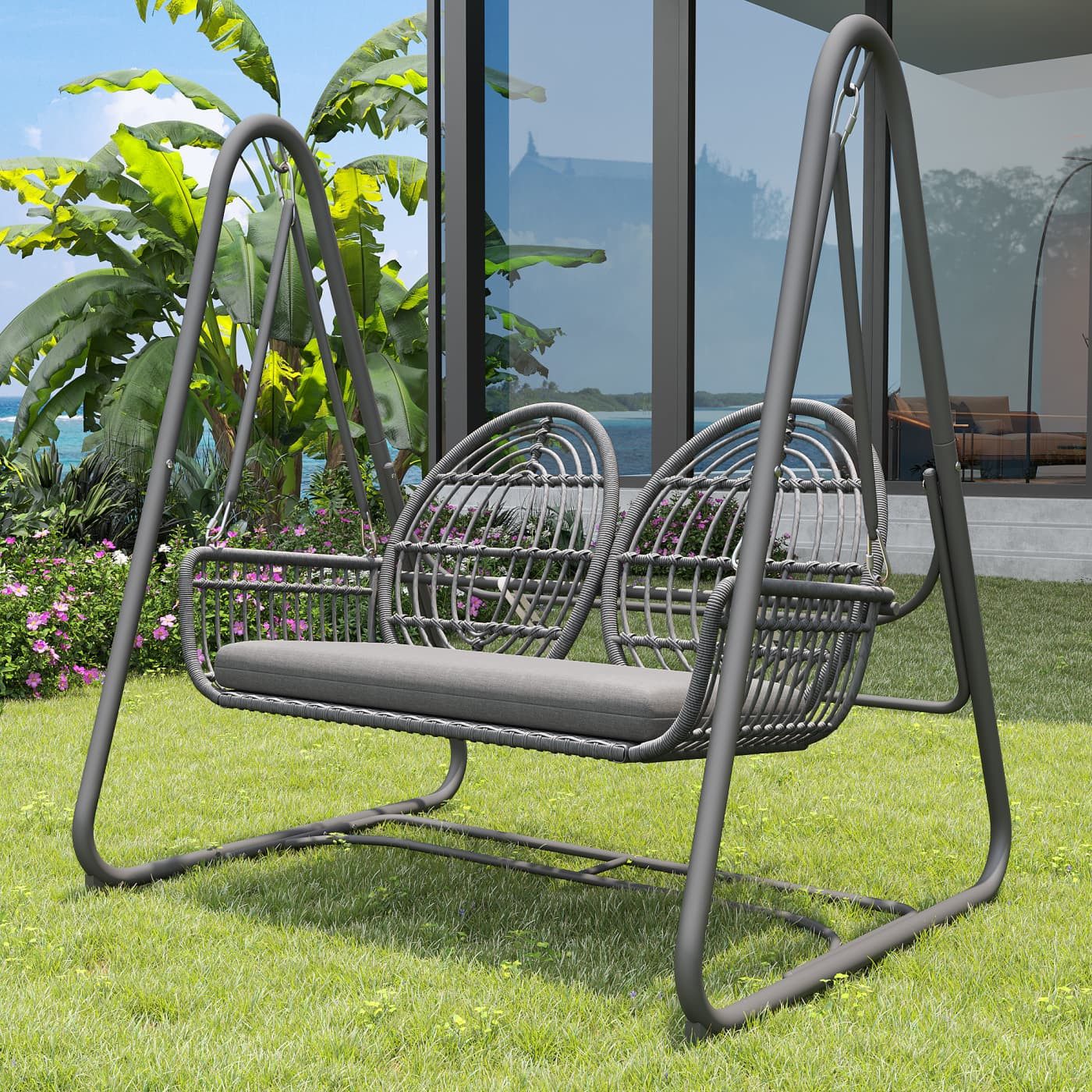 autolock Doppelschaukel Gartenschaukel, Hollywoodschaukel mit Rückenlehne,Gartenmöbel-Set, für den Außenbereich,Doppelschaukel aus PE-Rattan, 2 Sitze