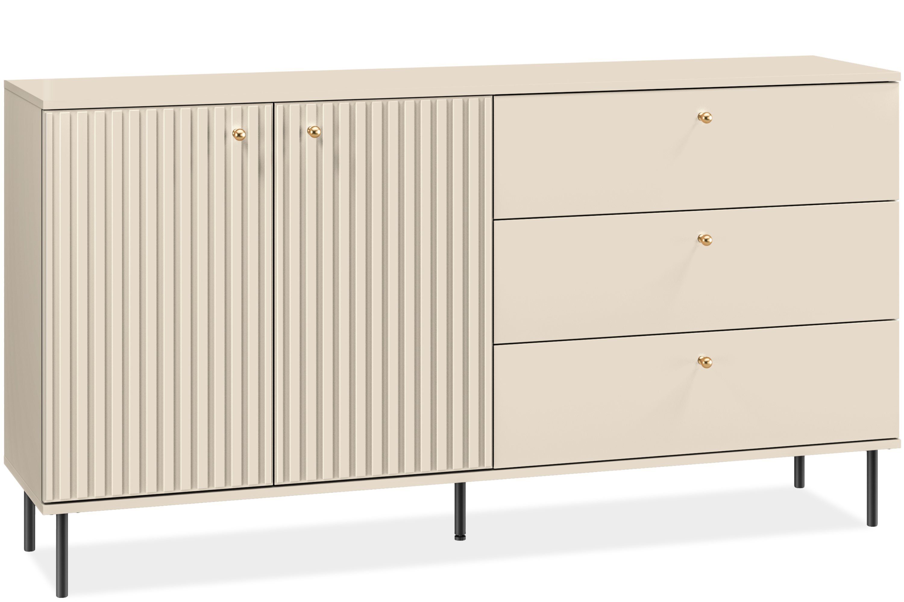 KONSIMO® Kombikommode DROMA Kommode mit Schubladen, hergestellt in der EU, breite Kommode, Elegant, cremefarben, Goldelementen