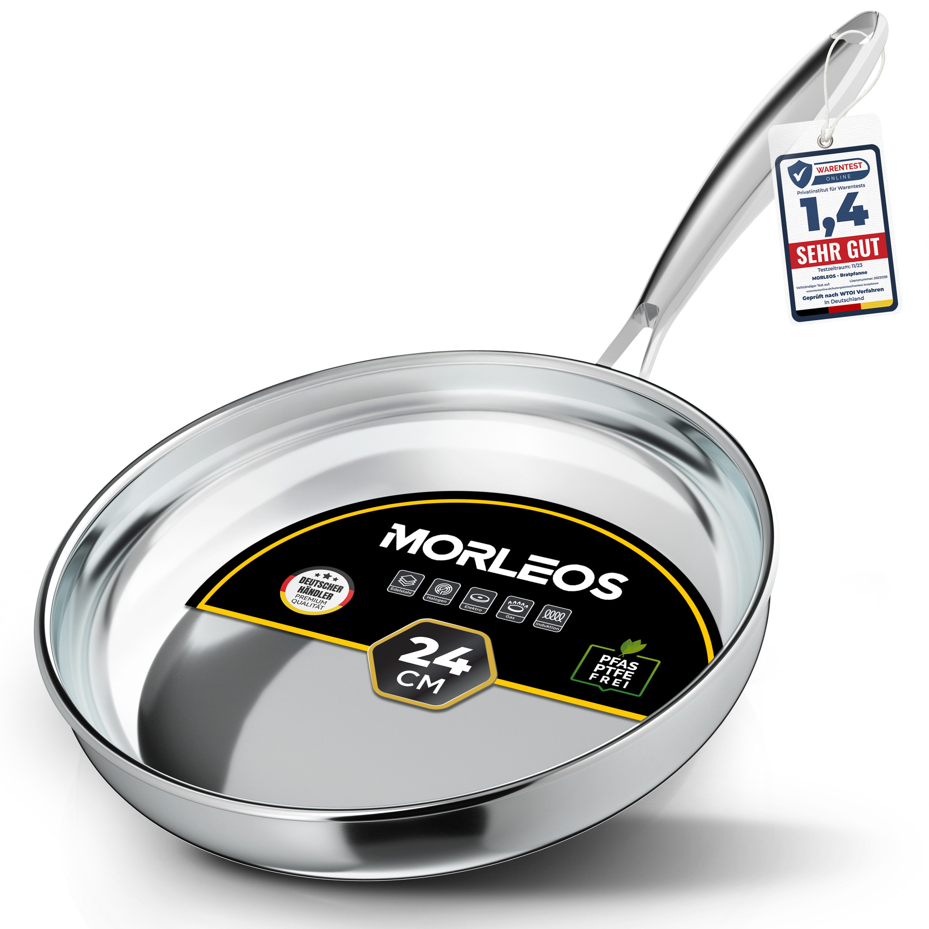 Morleos Bratpfanne Edelstahlpfanne 24cm Unbeschichtet 5-Schicht - 3mm -1 kg, Edelstahl (Xsteel), 5-Schicht, 3mm, 1kg, backofenfest, spülmaschinenfest, bis 400°C