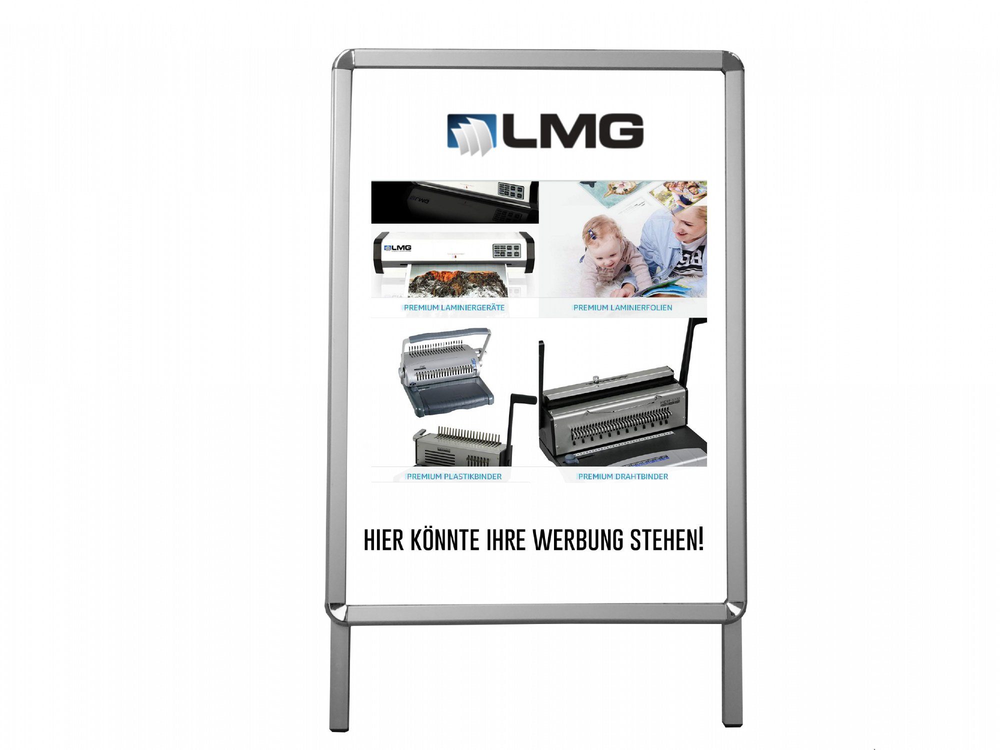 LMG Germany Standtafel Plakatständer DIN A1, Wetterfest, für Innen- und Außenbereich, Chromoptik, stabiler Stand