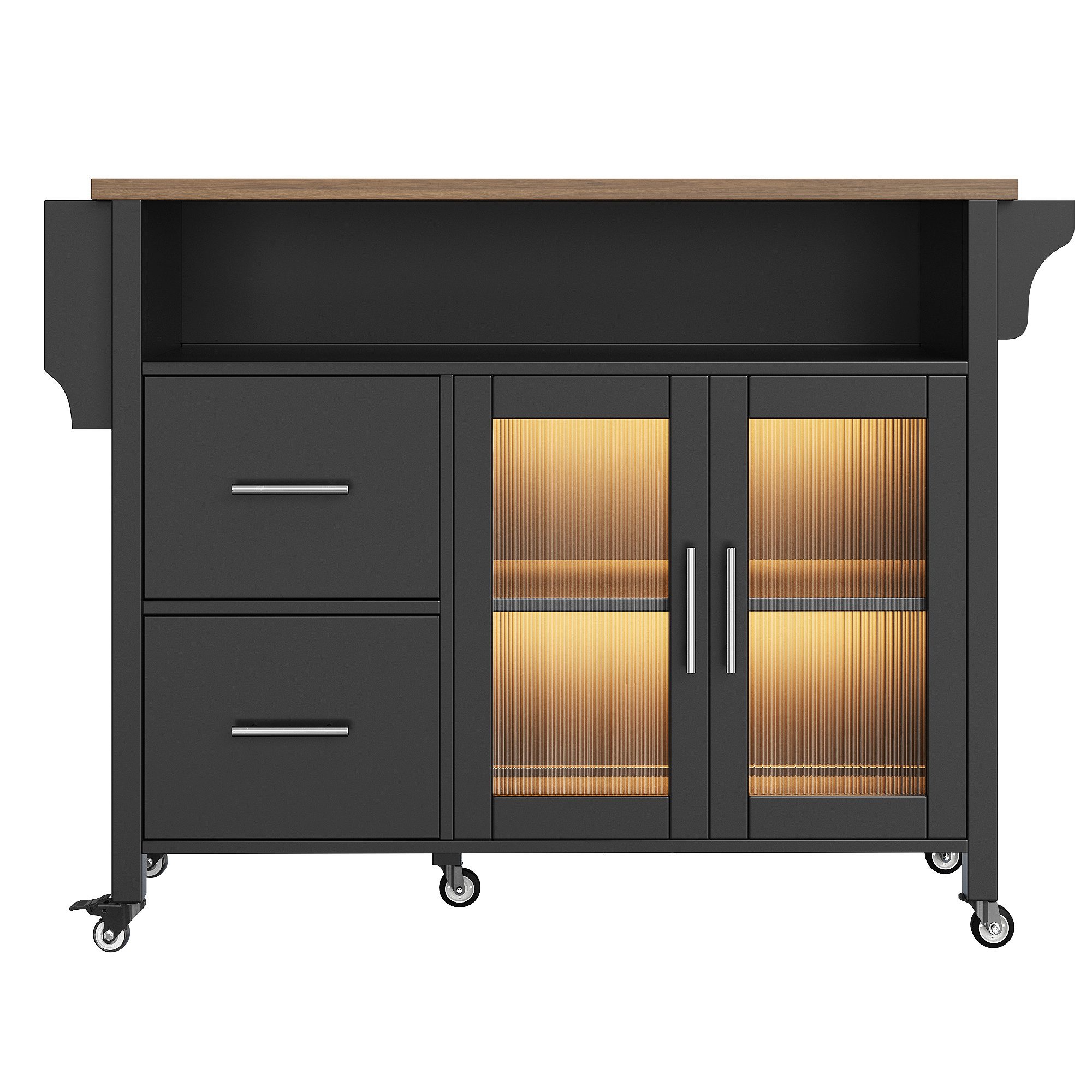i@home Kücheninsel Küchenwagen auf Rollen, freistehend, (mit ausklappbarer Arbeitsplatte, LED-Beleuchtung, Glastür), Speisewagen 2 Schubladen, Buffetschrank für Küche & Esszimmer