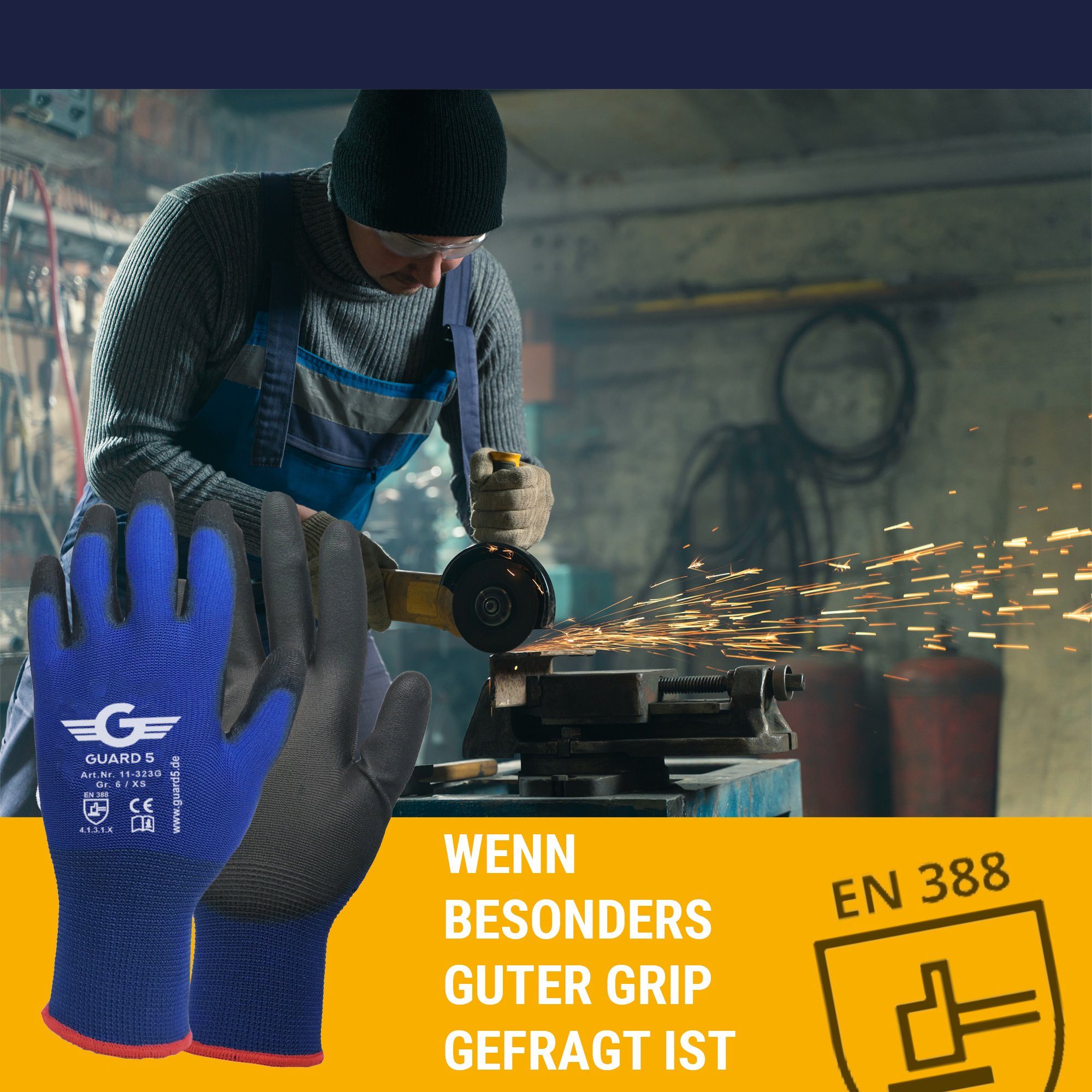 GUARD 5 Arbeitshandschuhe - 12 oder 24 Paar Arbeitshandschuhe mit PU-Beschichtung (Art.11323G) (12-St) atmungsaktiv