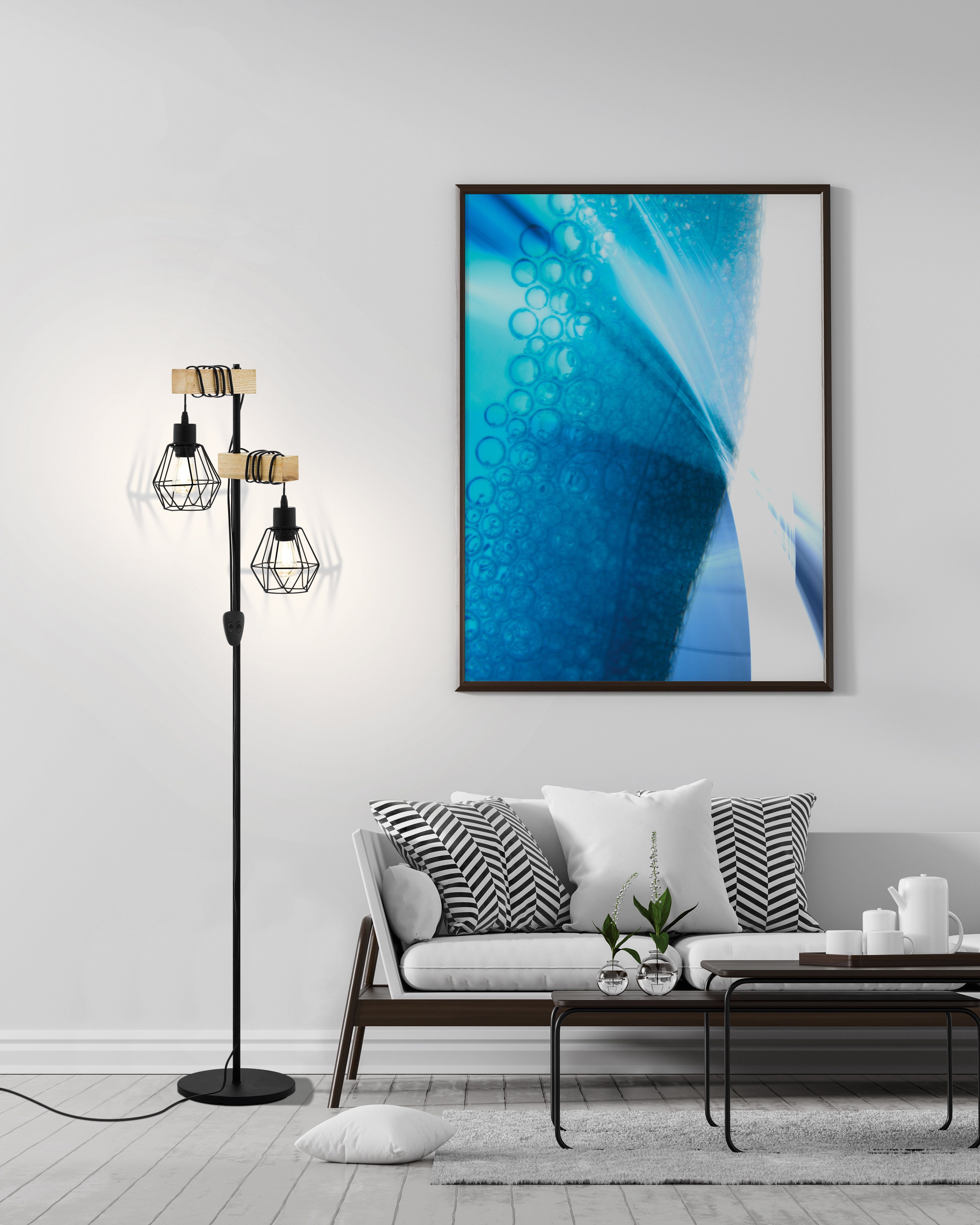 EGLO Stehlampe TOWNSHEND 5 Stehlampe, Stahl und Holz, E27, IP20, Flurlampe, Lampe, Ein-/Ausschalter, ohne Leuchtmittel, Stehleuchte, L40 x B25 x H166,5 cm, schwarz, braun, 2X60W exkl.