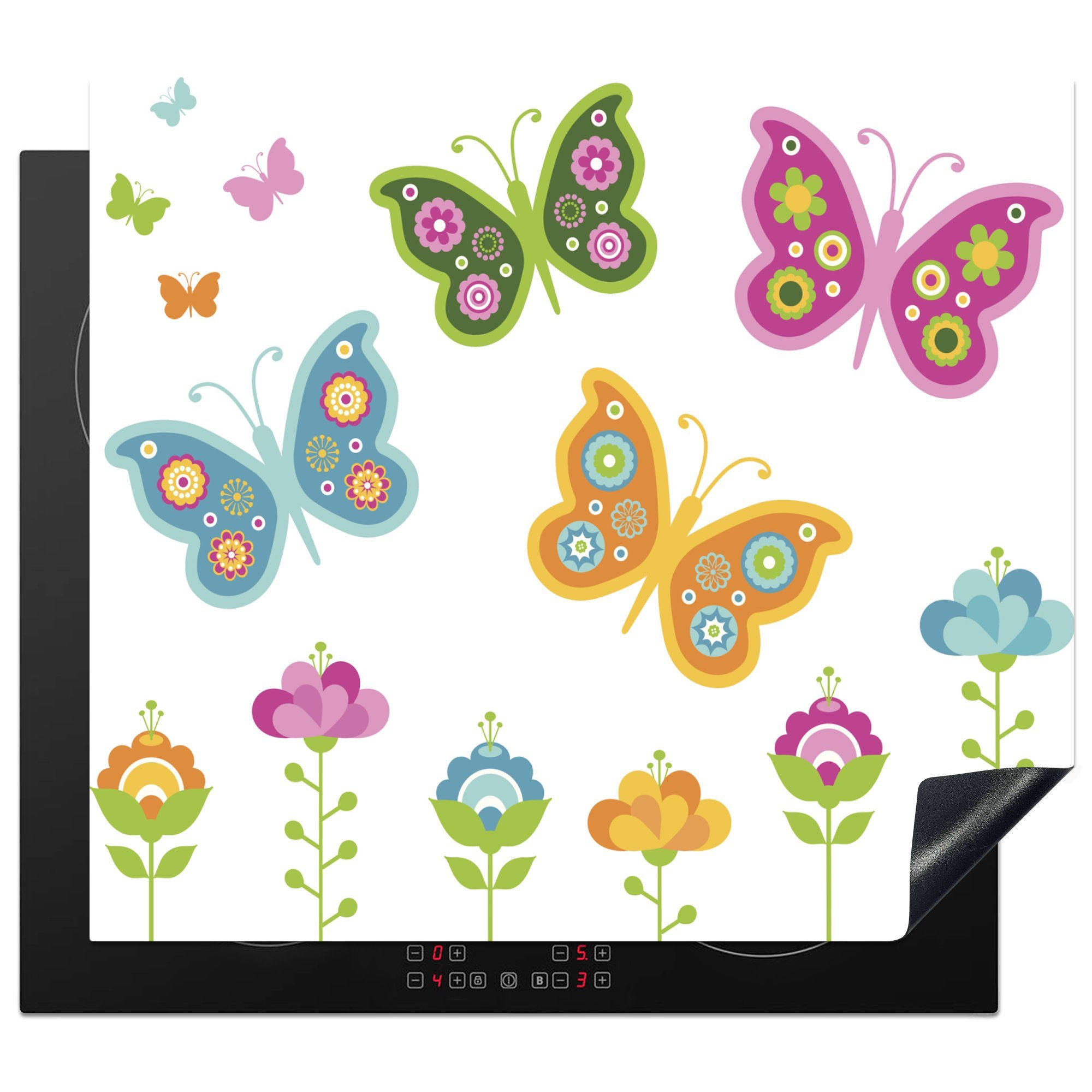 MuchoWow Herdblende-/Abdeckplatte Eine Illustration von Schmetterlingen in einem Garten, Vinyl, (1 tlg), 60x52 cm, Mobile Arbeitsfläche nutzbar, Ceranfeldabdeckung | Herdabdeckplatten