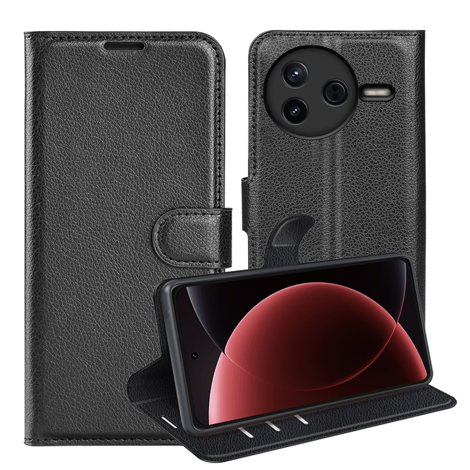 Wigento Smartphone-Hülle Für Xiaomi Poco F7 Pro Kunstleder Book Wallet Handy Tasche Schwarz, Kunstleder Hülle mit Kartenfächern und Standfunktion