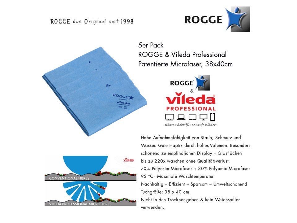 Rogge 5er Professional 38x40cm Vileda Display Pack patentierte ROGGE (Spar-Set, & blau, Microfaser) Microfasertücher, 5-tlg Reinigung dank 38x40cm Streifenfreie 1-tlg., Micofasertuch Bildschirmreinigungstuch