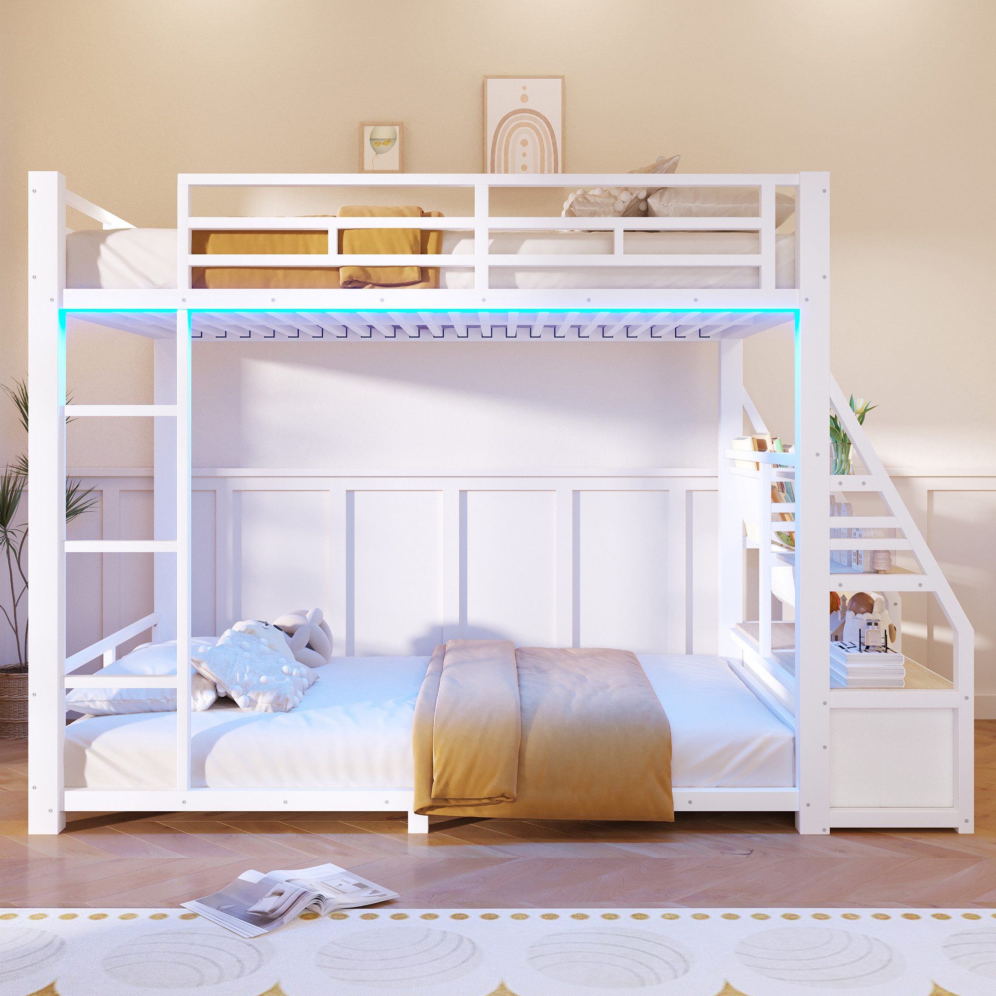 Flieks Etagenbett, Metall Kinderbett 90x200cm mit LED-Beleuchtung und seitlichem Stauraum