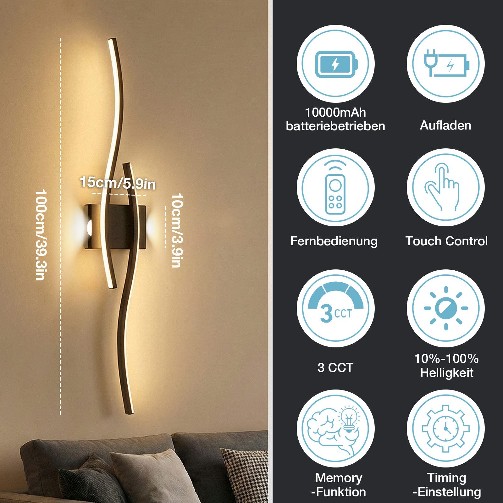 Lapalife Wandleuchte Dimmbar Wandleuchte Innen Kabelloses Wiederaufladbar, 100cm, LED fest integriert, Schwarz LED Wandlampe mit Fernbedienung, Timer, Speicherfunktion