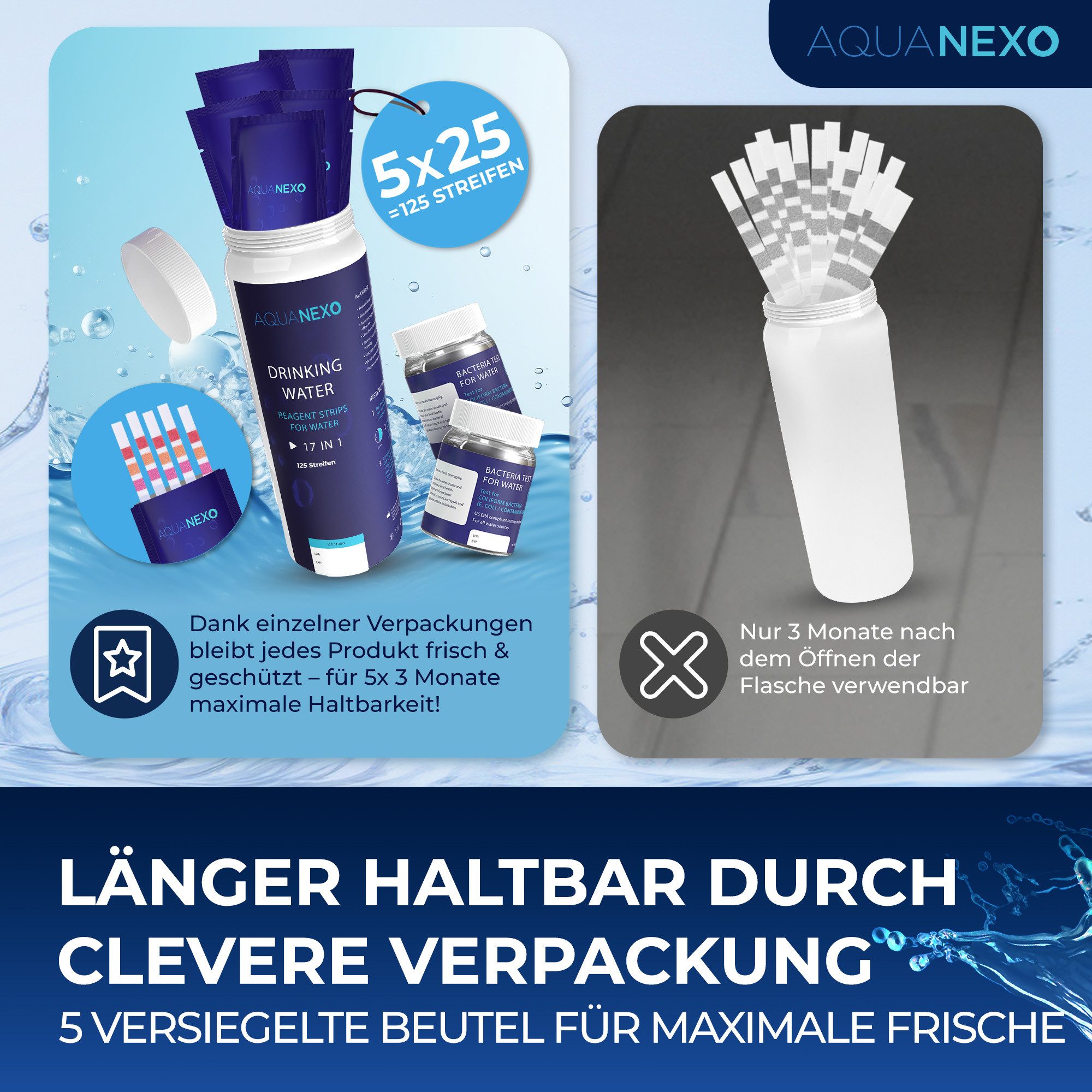 AquaNexo Trinkwassertest Teststreifen 16-in-1 125x + 2 Bakterientests inkl. Pipette/Reagenzglas – Bild 5 von 5