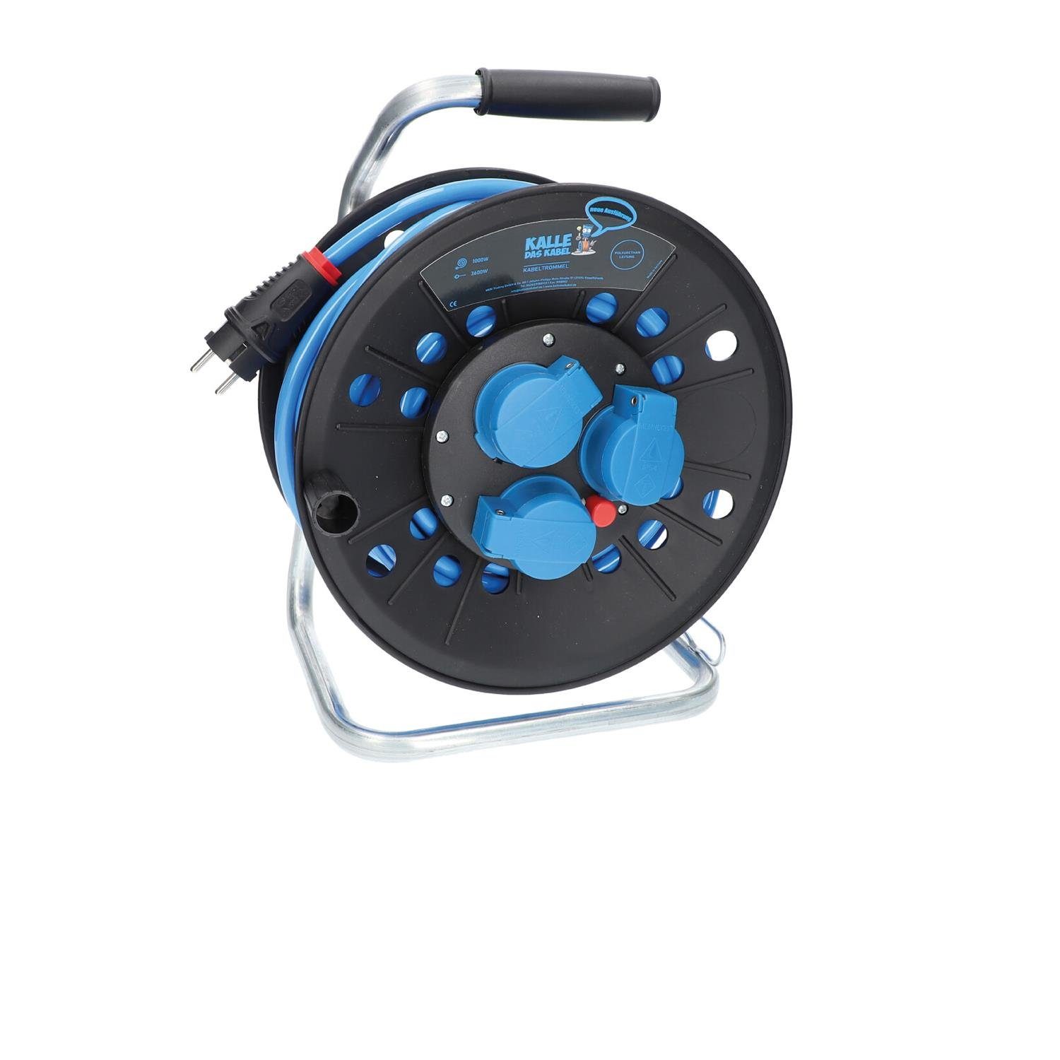 KALLE DAS KABEL Schuko Kabeltrommel PUR H07BQ-F 25m 3G 2,5 3x Schuko BLAU IP44 Kabeltrommel (Kabellänge 2500 m)
