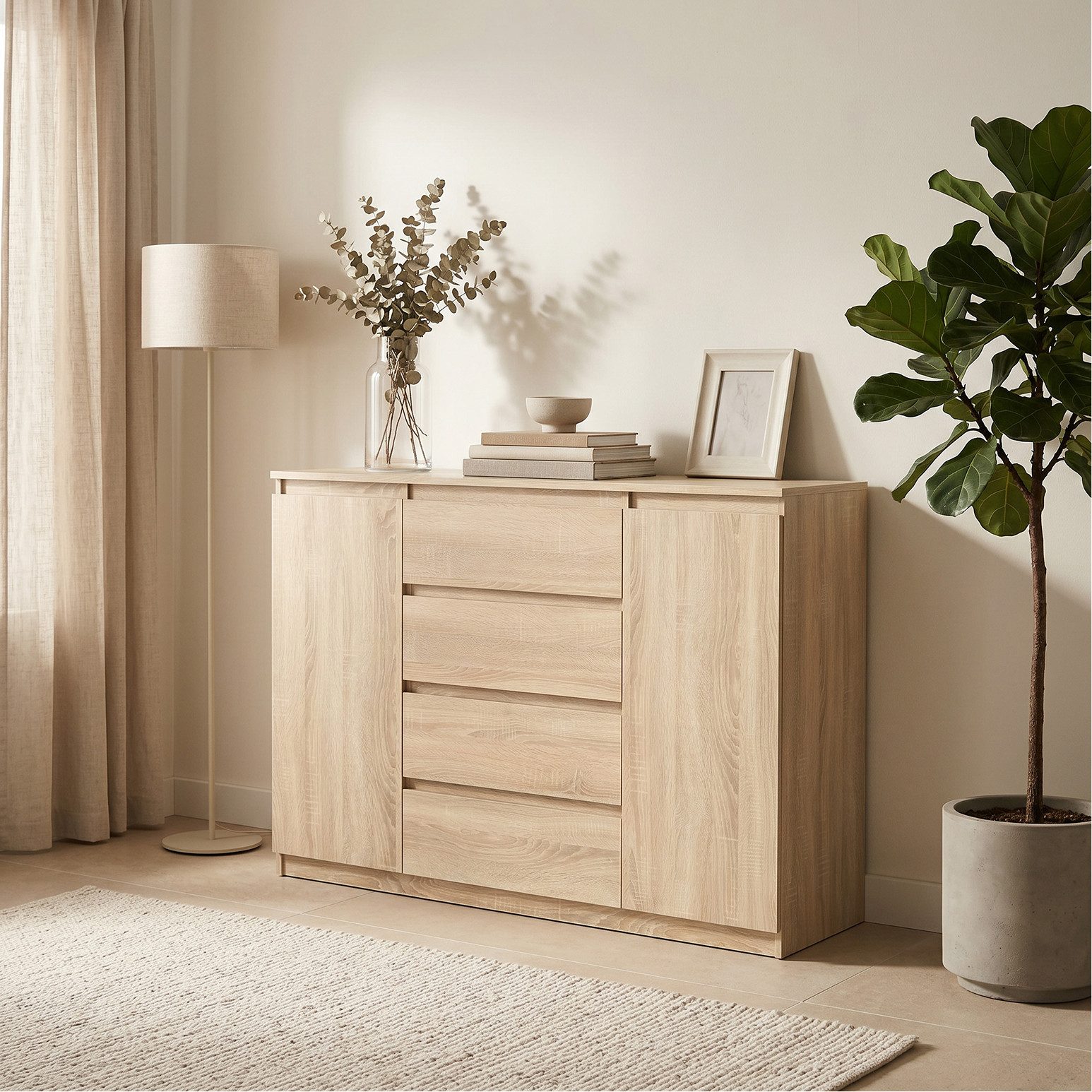 Masseno Kommode NUDO 120 cm Sideboard mit 4 Schubladen und 2 Türen Eiche Sonoma – Bild 5 von 5
