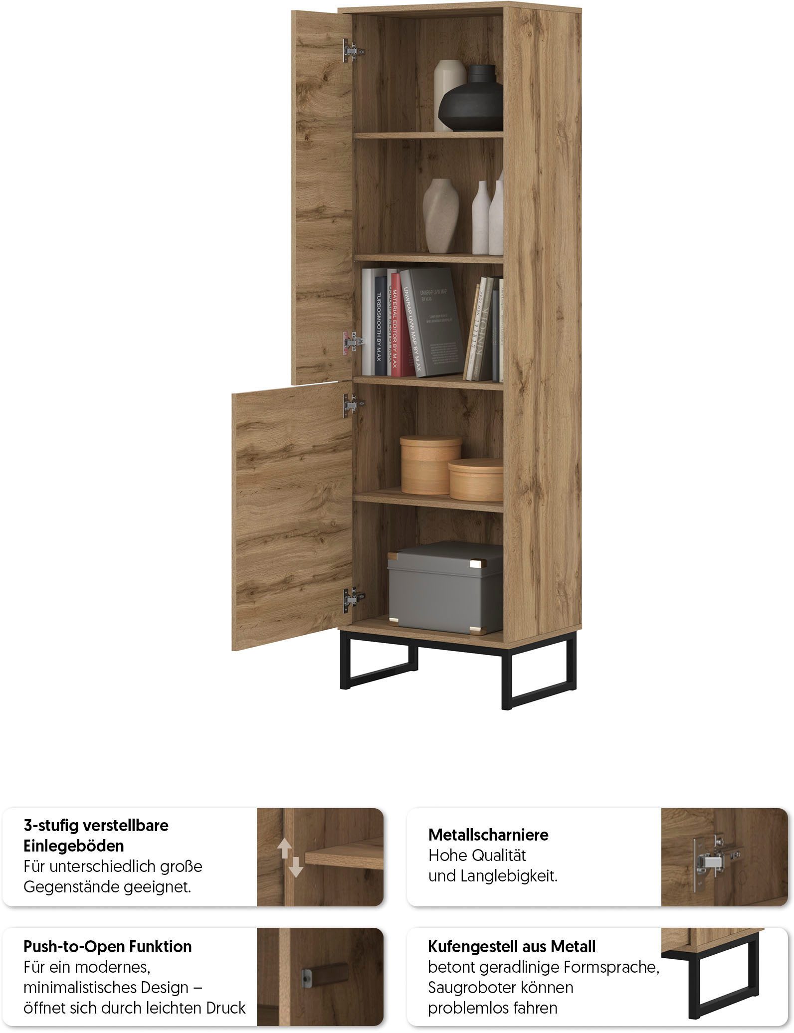 OTTO home Vitrine Loft, Höhe 180 cm, moderne grifflose Standvitrine mit 2 Türen Hochschrank mit viel Stauraum, verstellbaren Einlegeböden, Regal