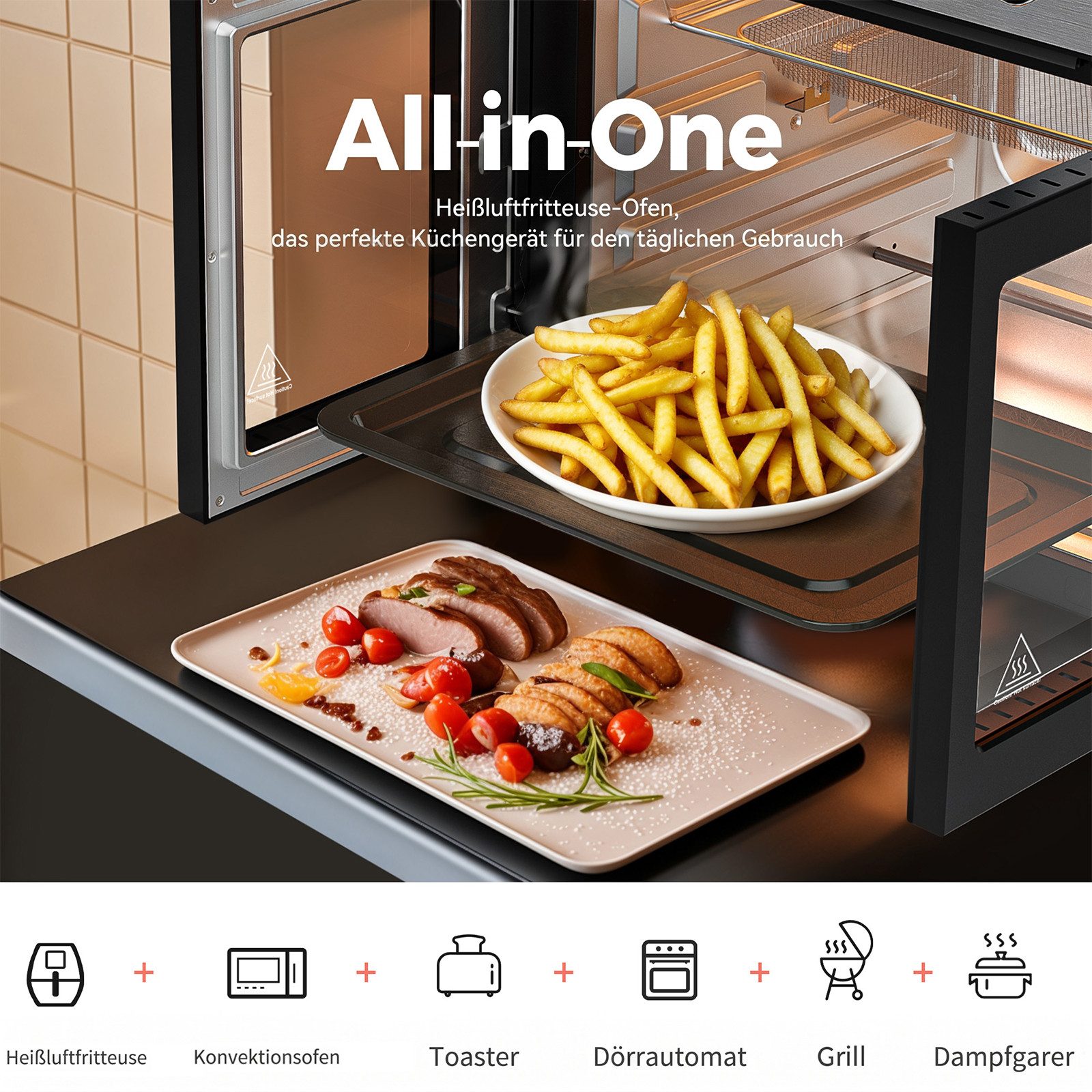 Rebonique Heißluftfritteuse XXL 28L mit Doppeltür & Sichtfenster, 1700 W, 18 Programme, Ohne Öl Gesundes Kochen, Pizza, Grill & Backofen – Bild 4 von 5