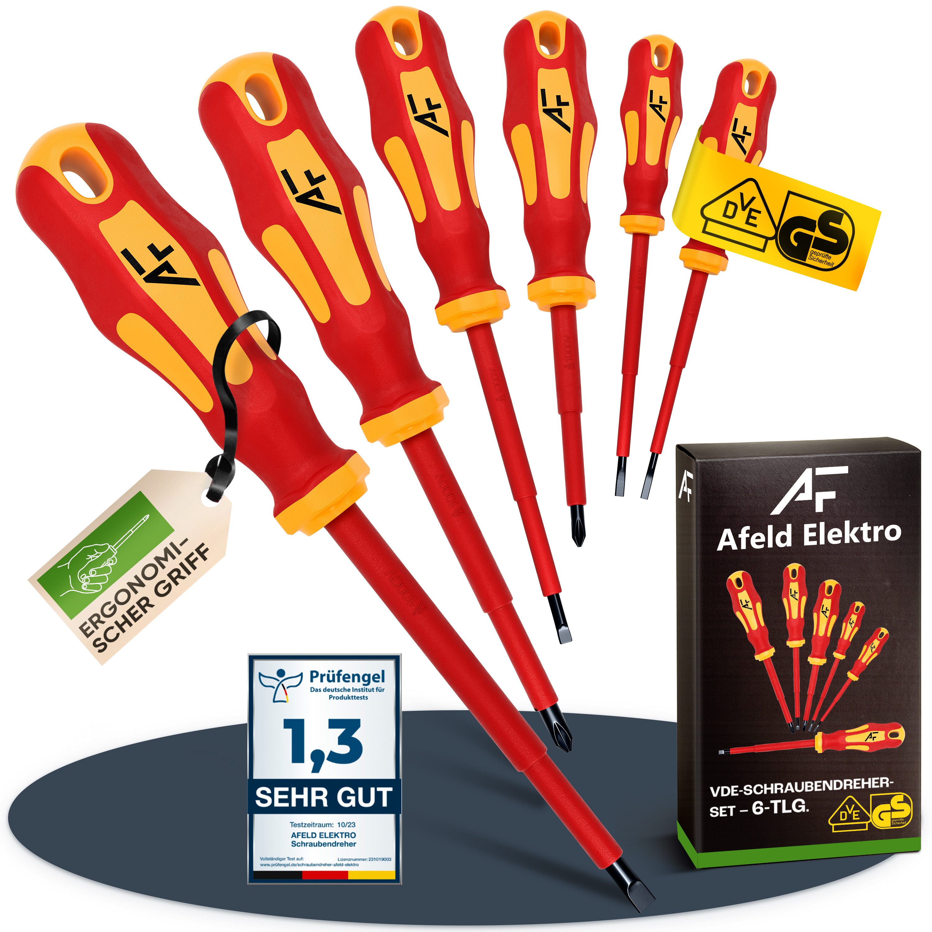 Afeld Elektro Schraubendreher VDE Elektriker Set 6-tlg., (6 St), bis 1.000V, S2-Stahl, Ergonomisch, Magnetisch, 2-Komponenten-Griff
