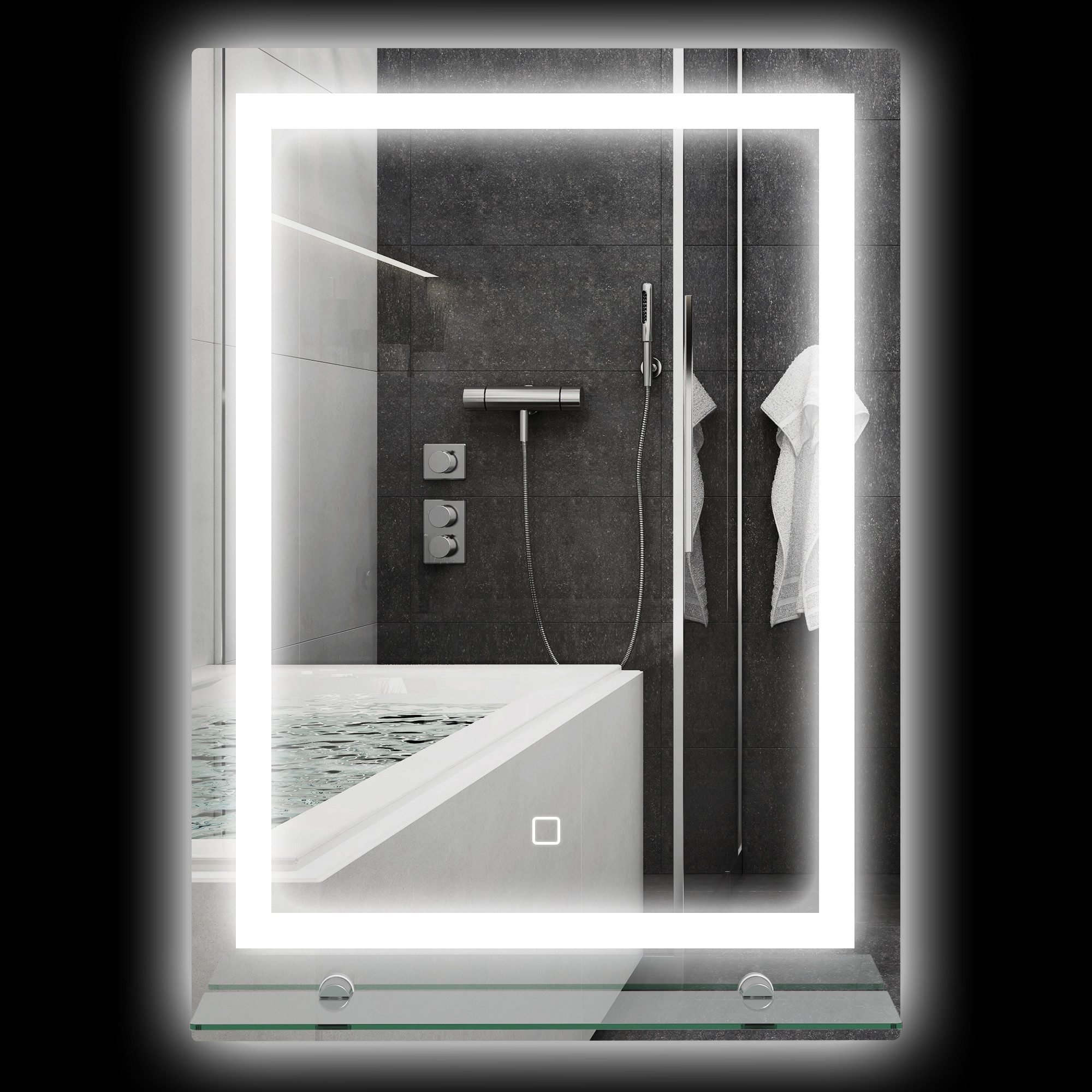 BAYMATE Badspiegel LED-Wand-Badezimmerspiegel mit integrierter Ablage (3 Farben, einstellbarer Helligkeit und Berührungsschalter)