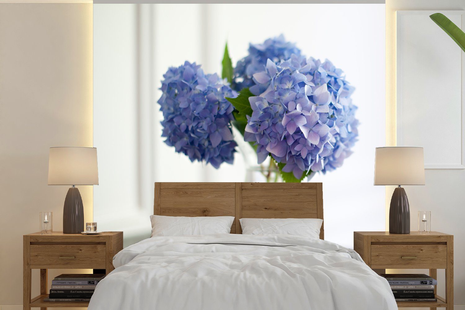 MuchoWow Fototapete Blaue Hortensien in Vase, Matt, bedruckt, (4 St), Vliestapete für Wohnzimmer Schlafzimmer Küche, Fototapete | Fototapeten