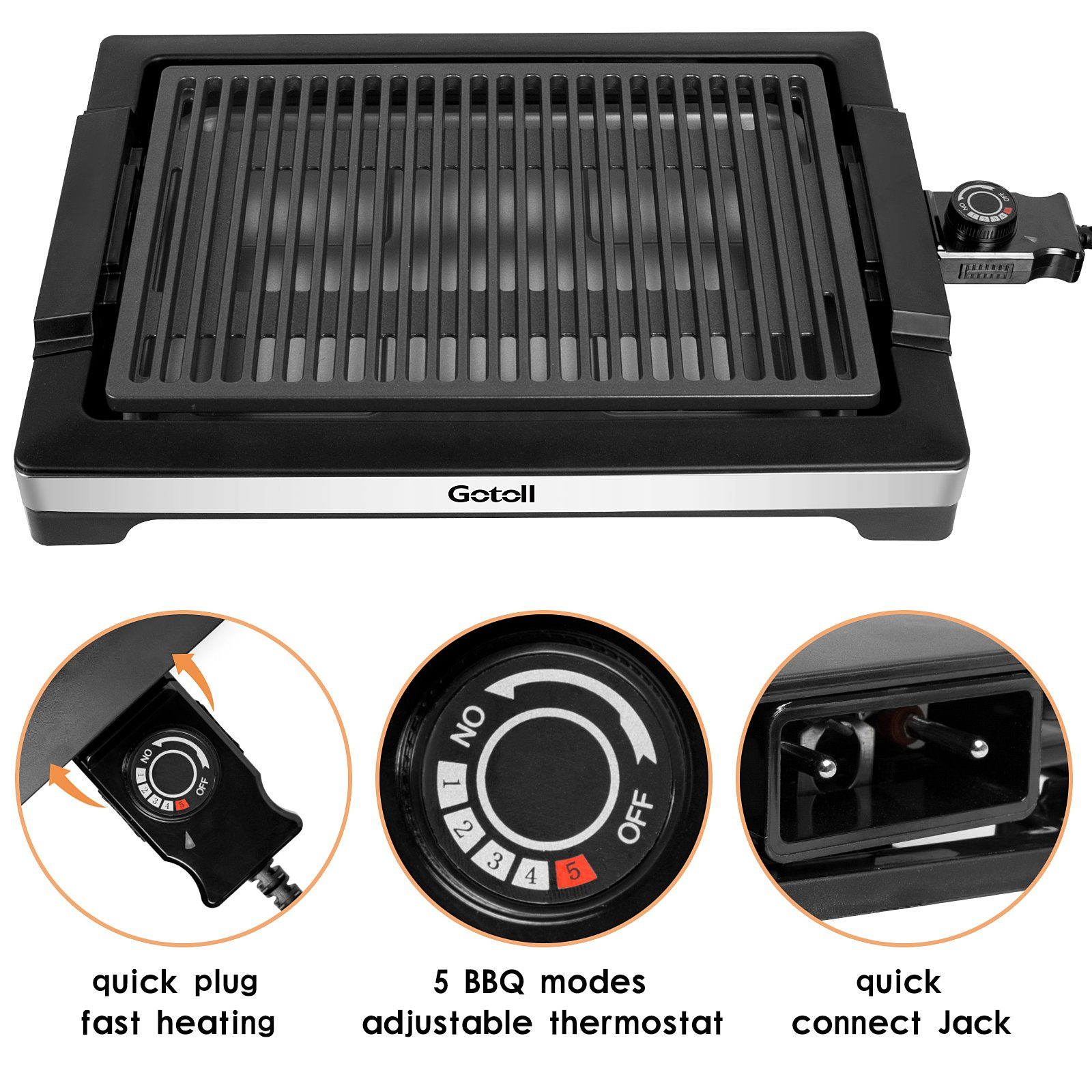 Gotoll Tischgrill GL125A, 2000 W, Elektrisch Rauchfreier Elektrogrill Temperaturregler