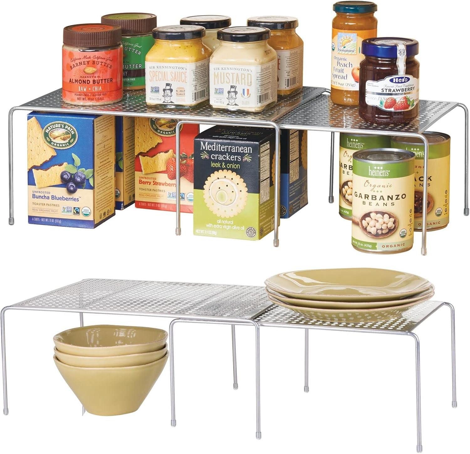 mDesign Aufbewahrungssystem Küchenregal Teleskop silber ausziehbar Geschirrregal 2er Set Metall