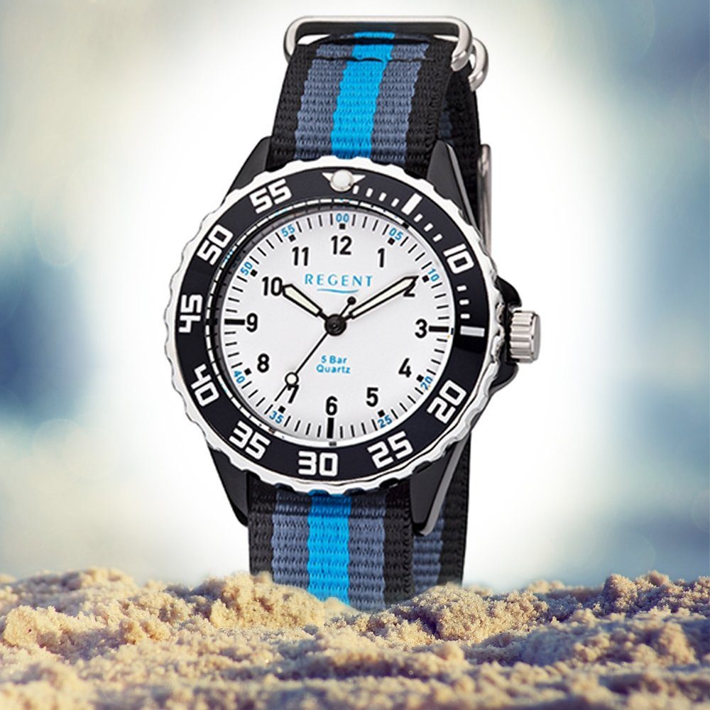 Regent Quarzuhr Regent Kinder Jugend-Armbanduhr blau mittel rund, grau, Textilarmband (ca. 35mm), Kinder Armbanduhr