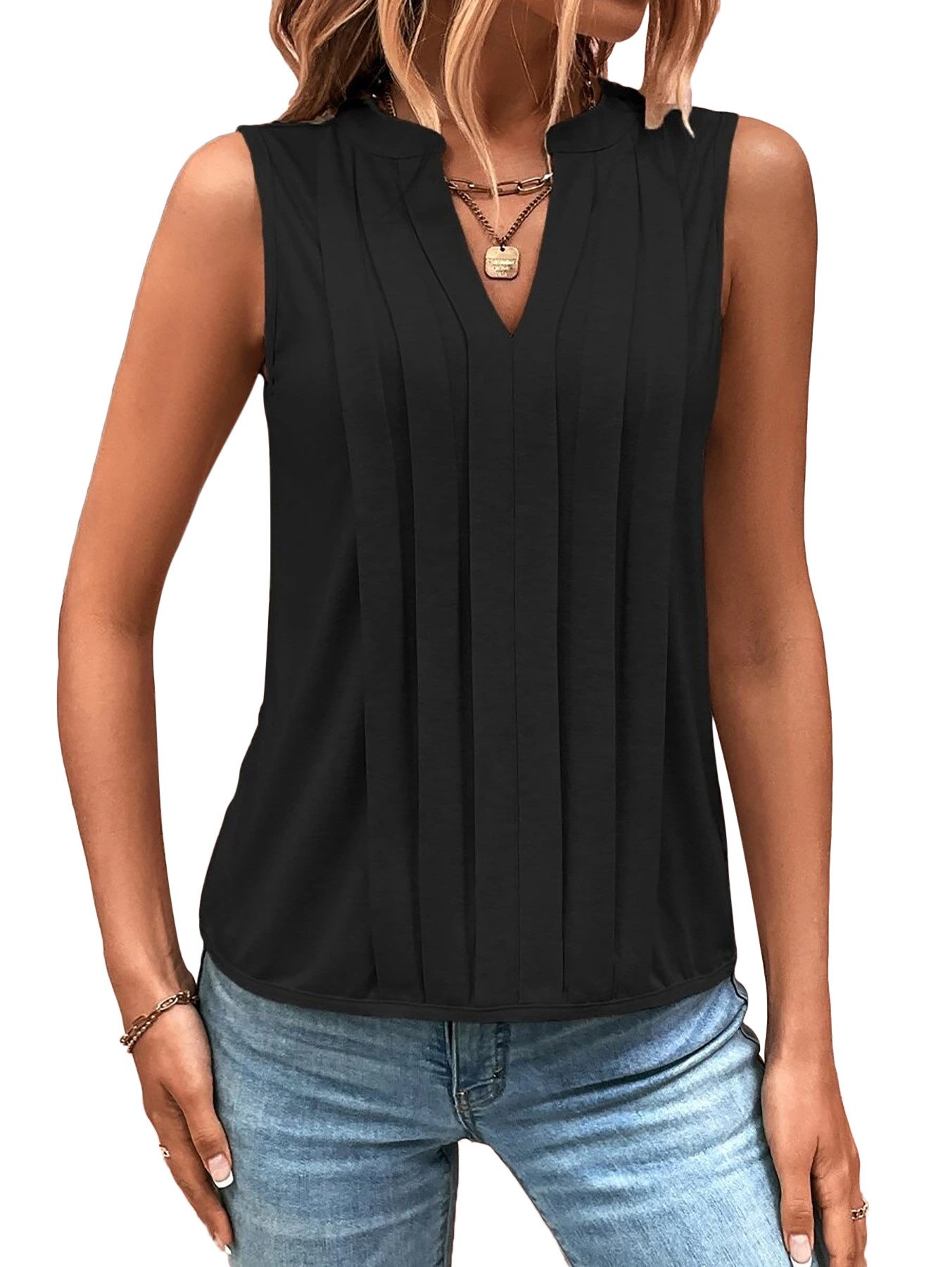 DEBAIJIA Kurzweste Damen Tank Top Plissee V-Ausschnitt Ärmellos T-Shirt Sommer Elegant