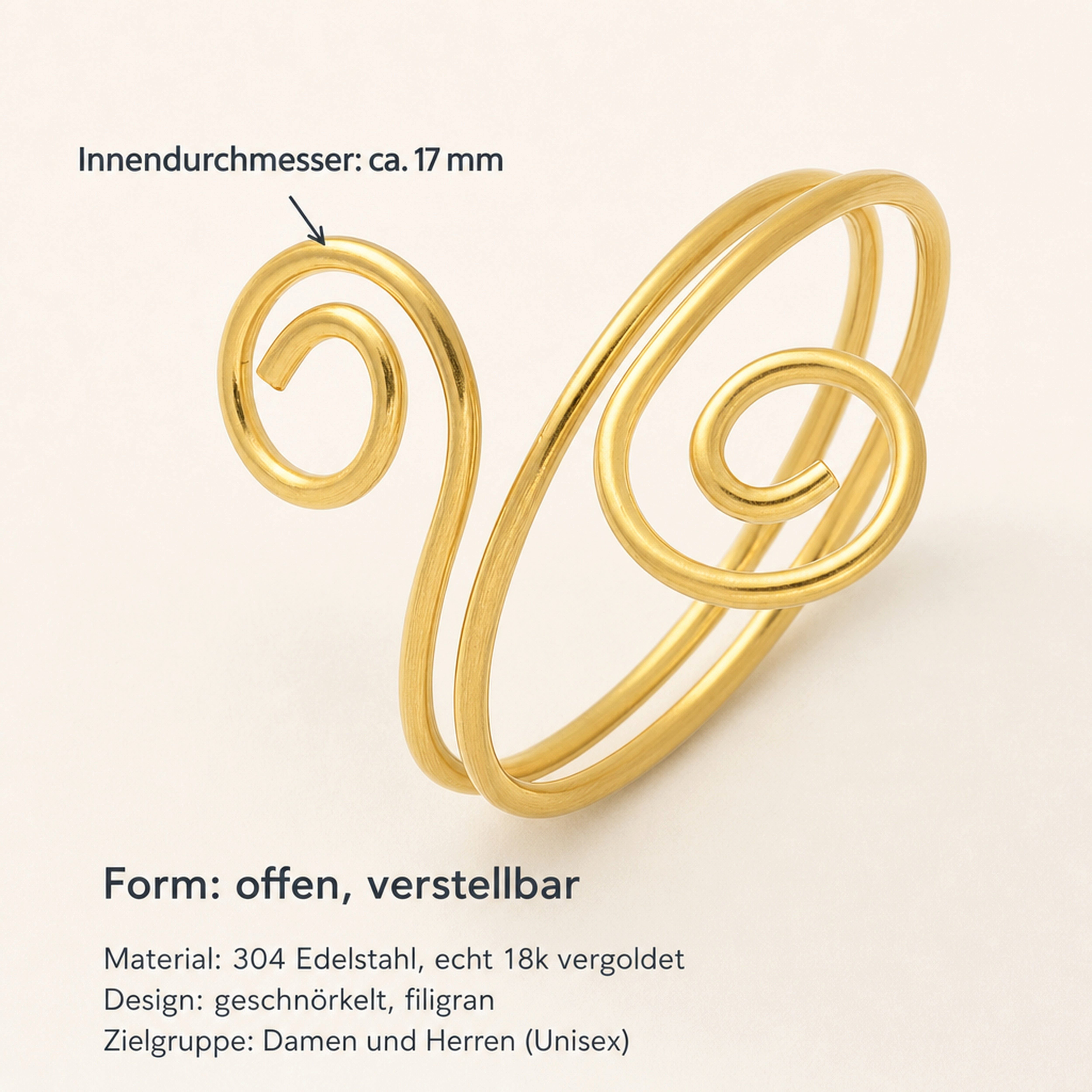 Lebensquelle Plus Fingerring Edelstahl Ring Gold Geschnörkelt – 18k vergoldet, offener Manschettenr