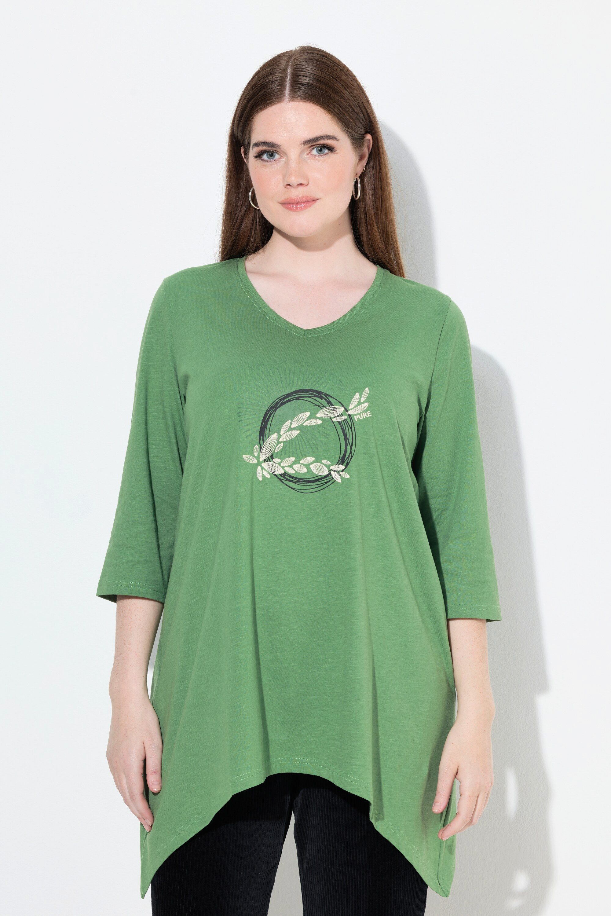 Ulla Popken Longshirt Shirt Stickerei V-Ausschnitt 3/4-Arm Biobaumwolle