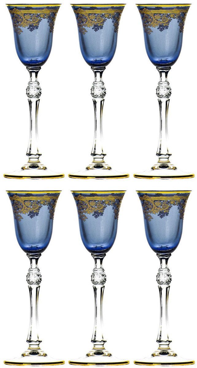 Likörbecher Luxus Barock Likörglas 6er Set Blau / Gold Ø 6,5 x H. 18,5 cm - Handgefertigte und handbemalte Likörgläser - Hotel & Restaurant Accessoires - Luxus Qualität