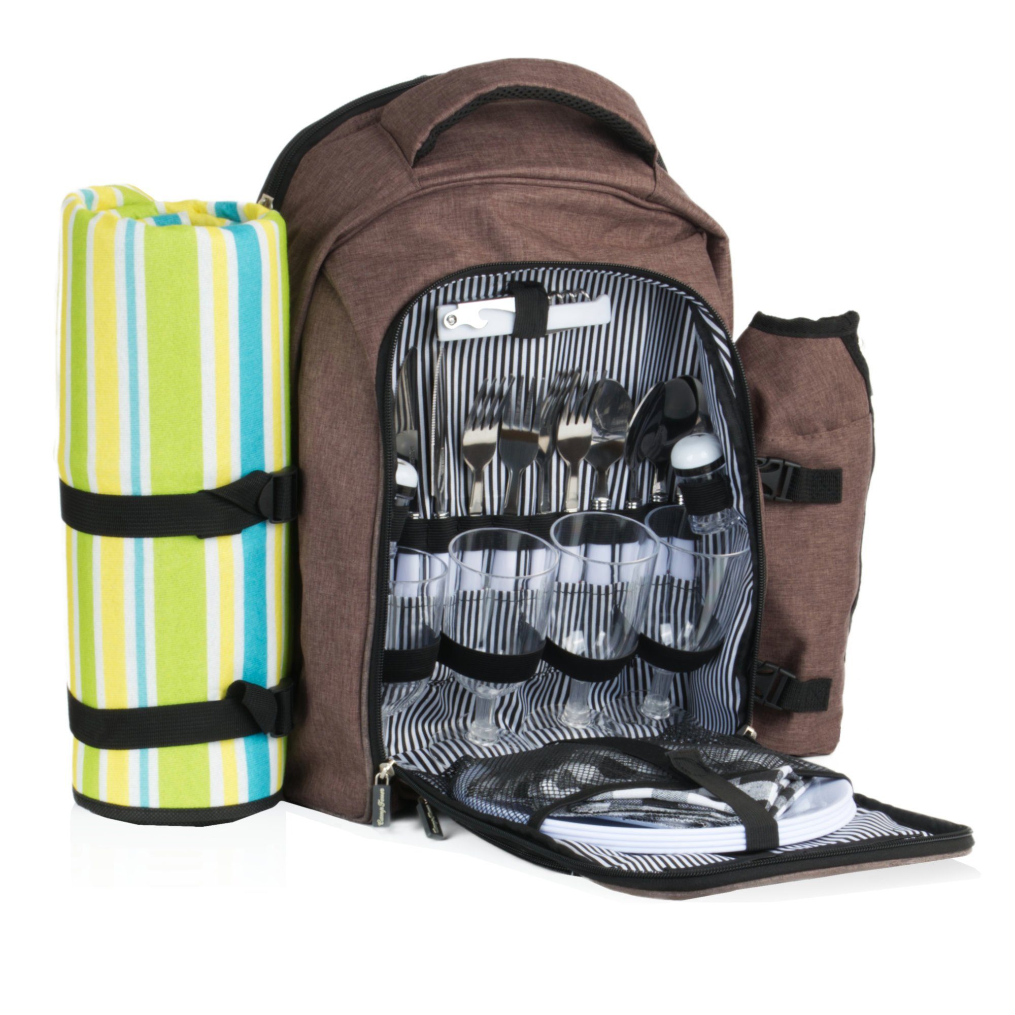 CampFeuer Picknickrucksack Freizeitrucksack 32-teilig, Picknickset für 4 Personen, braun meliert (32-tlg), Inkl. abnehmbarer Flaschenhalter