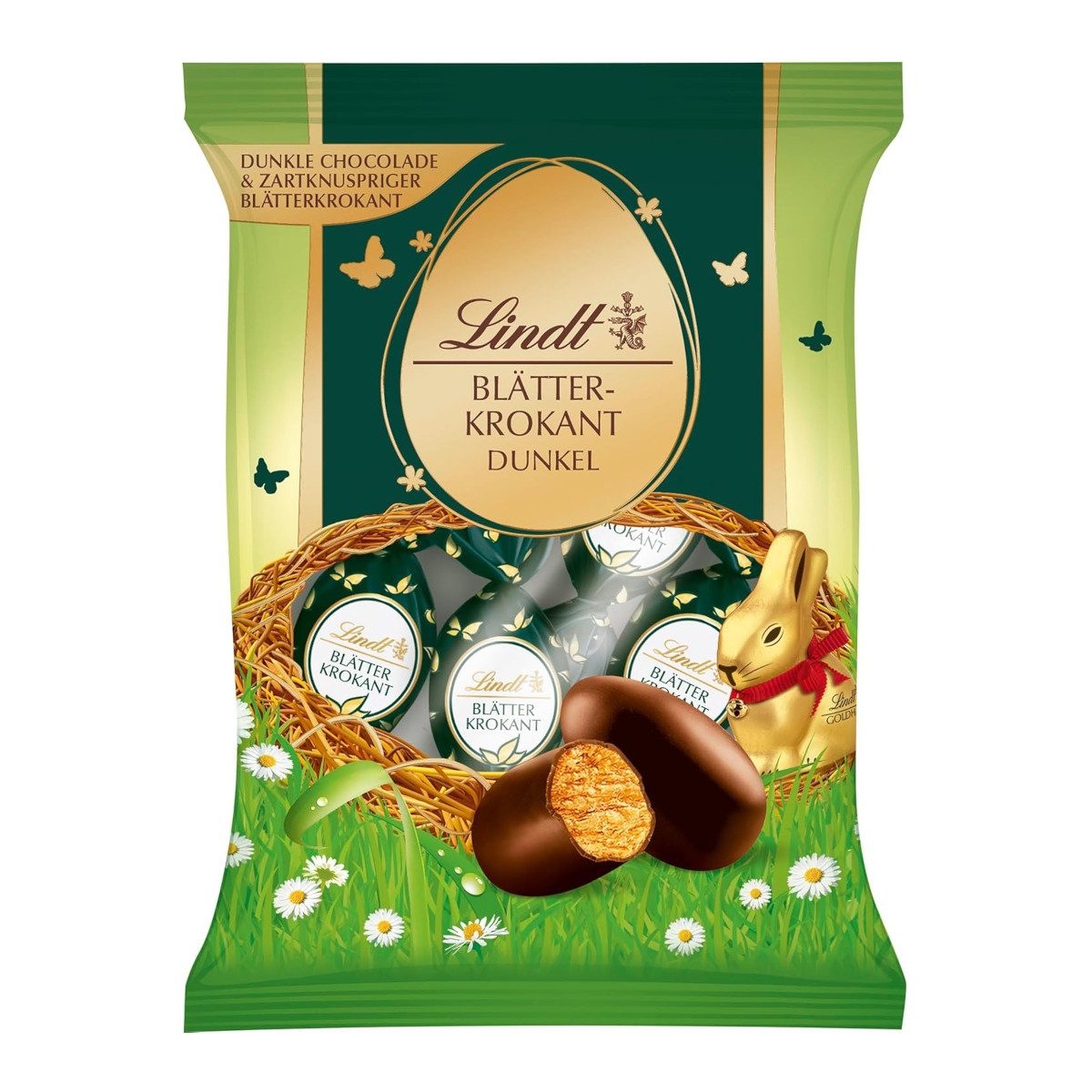 LINDT Schokolade, Lindt Blätterkrokant Ostereier mit dunkler Schokolade Doppeldreh 85g