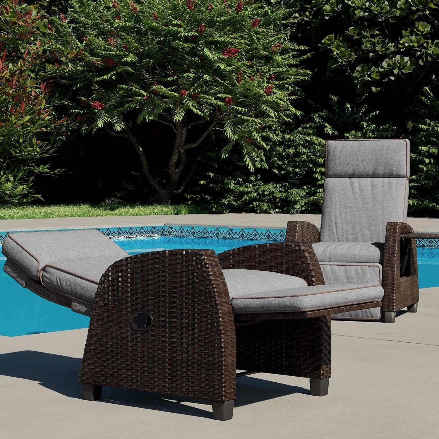 Rückenlehne einstellbar | Grau 150 Grad mit patio Beistelltisch, Dunkelbraun Grand aus PE-Rattan, Gartensessel mit Sitzkissen,