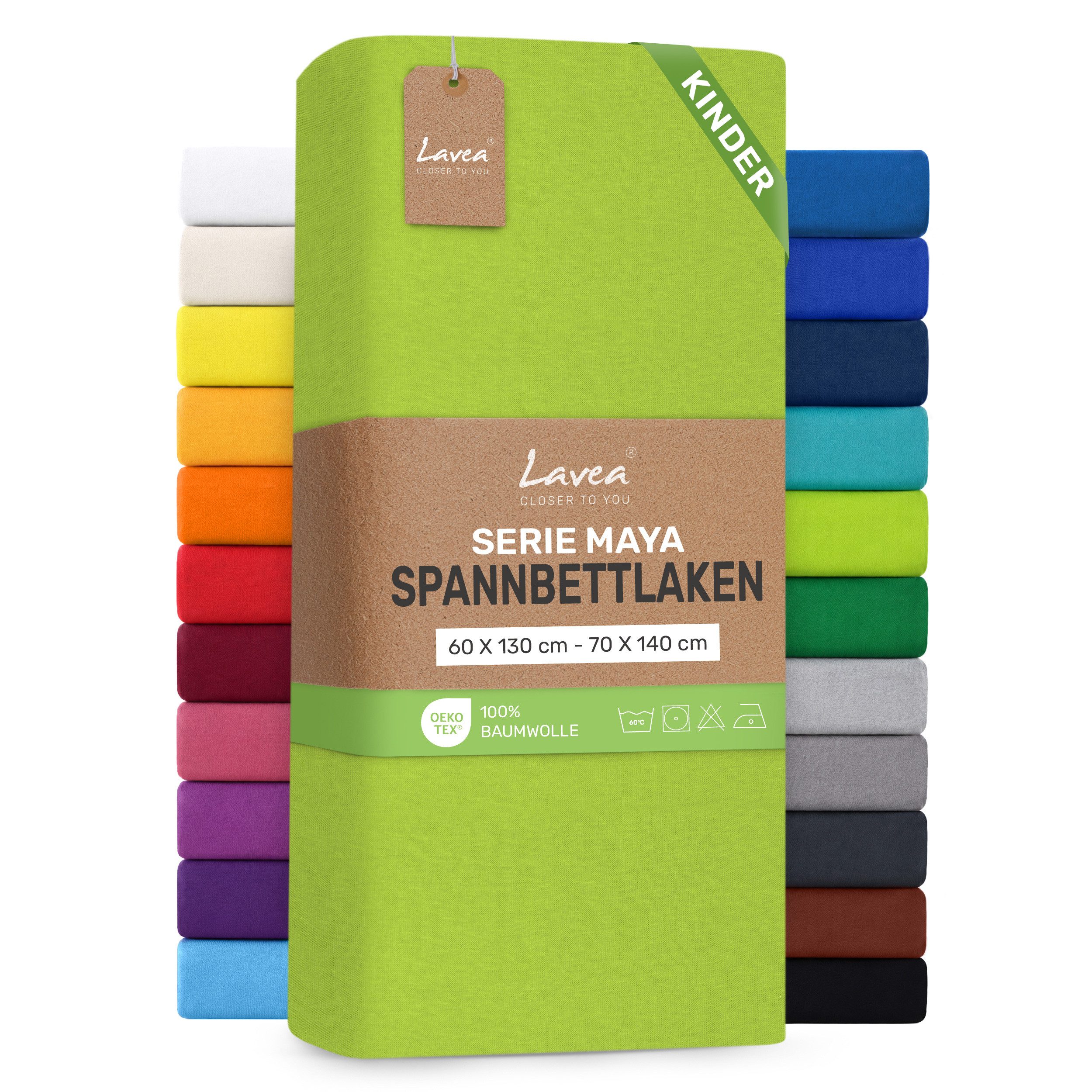 Lavea Spannbettlaken Bettlaken Maya, 180x200cm, 200x200cm, 140x200cm, 160x200cm, 100% Baumwolle Jersey, Gummizug: rundum, (1 Stück), für Matratzen, Topper, Boxspring- und Wasserbetten, weich, langlebig