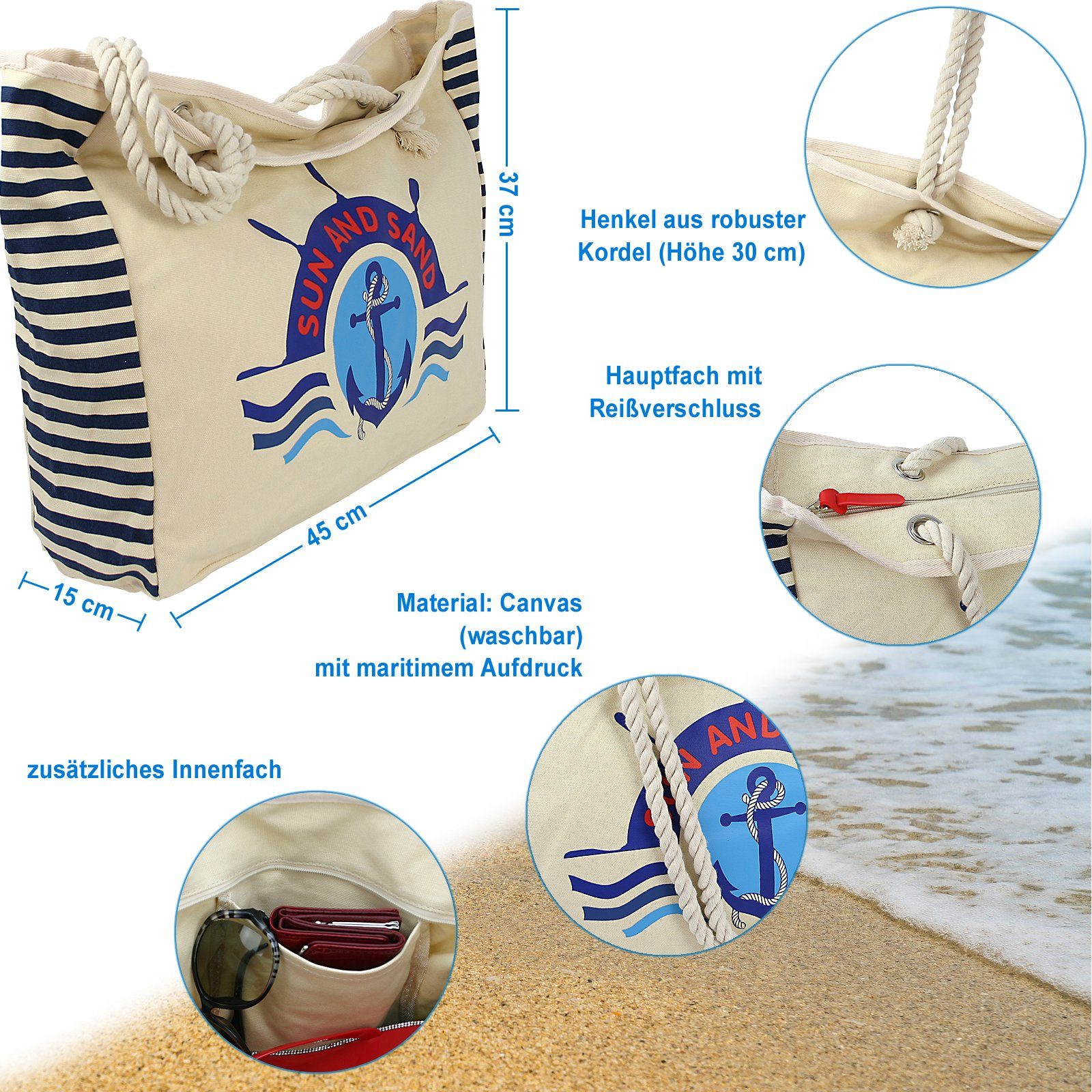 J JONES JENNIFER JONES Strandtasche Große Badetasche, Beach Bag, Saunatasche, maritim