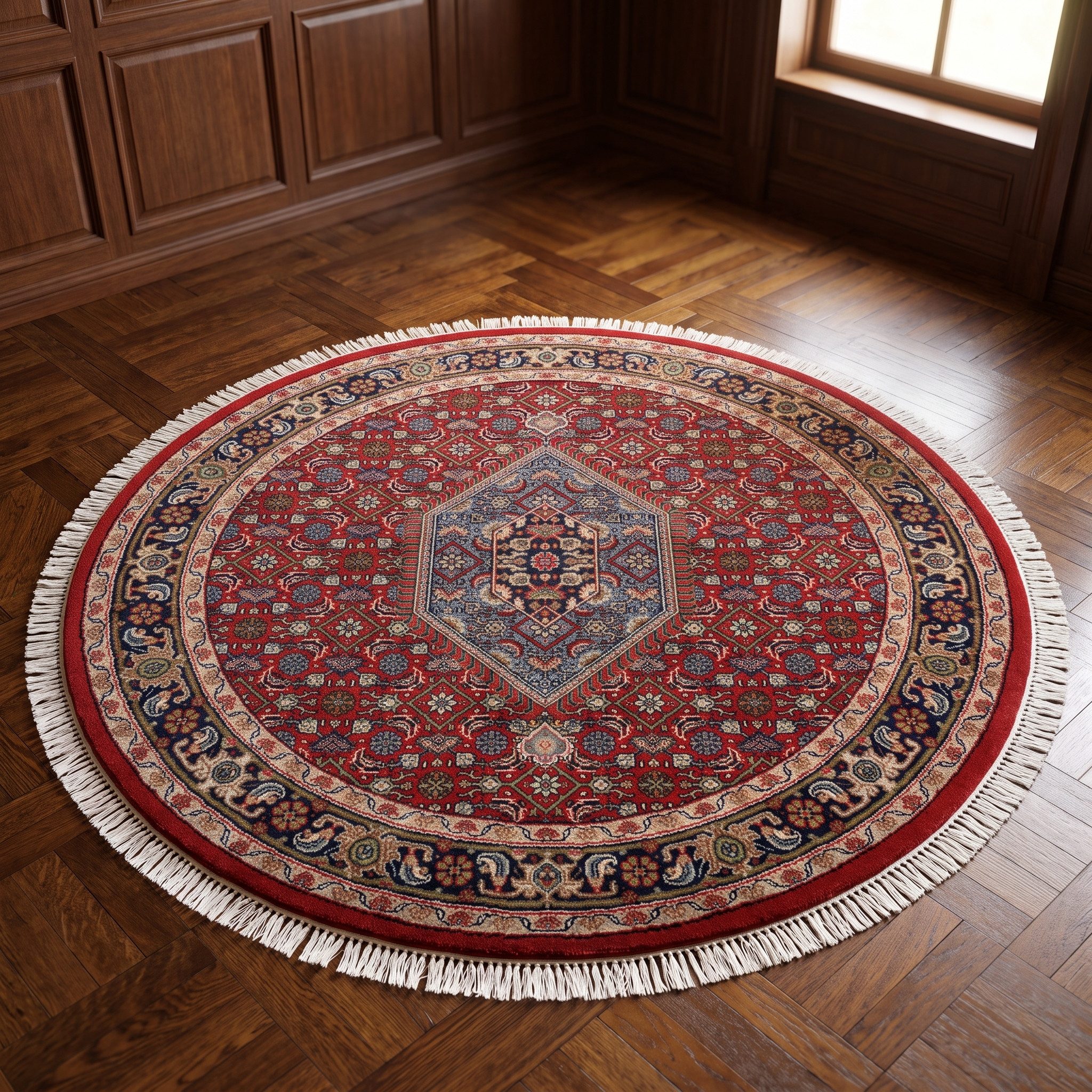 THEKO Orientteppich Benares Bidjar, handgeknüpft, rund, Höhe: 12 mm, reine Wolle, mit Fransen, auch in rund & als Läufer, Wohnzimmer