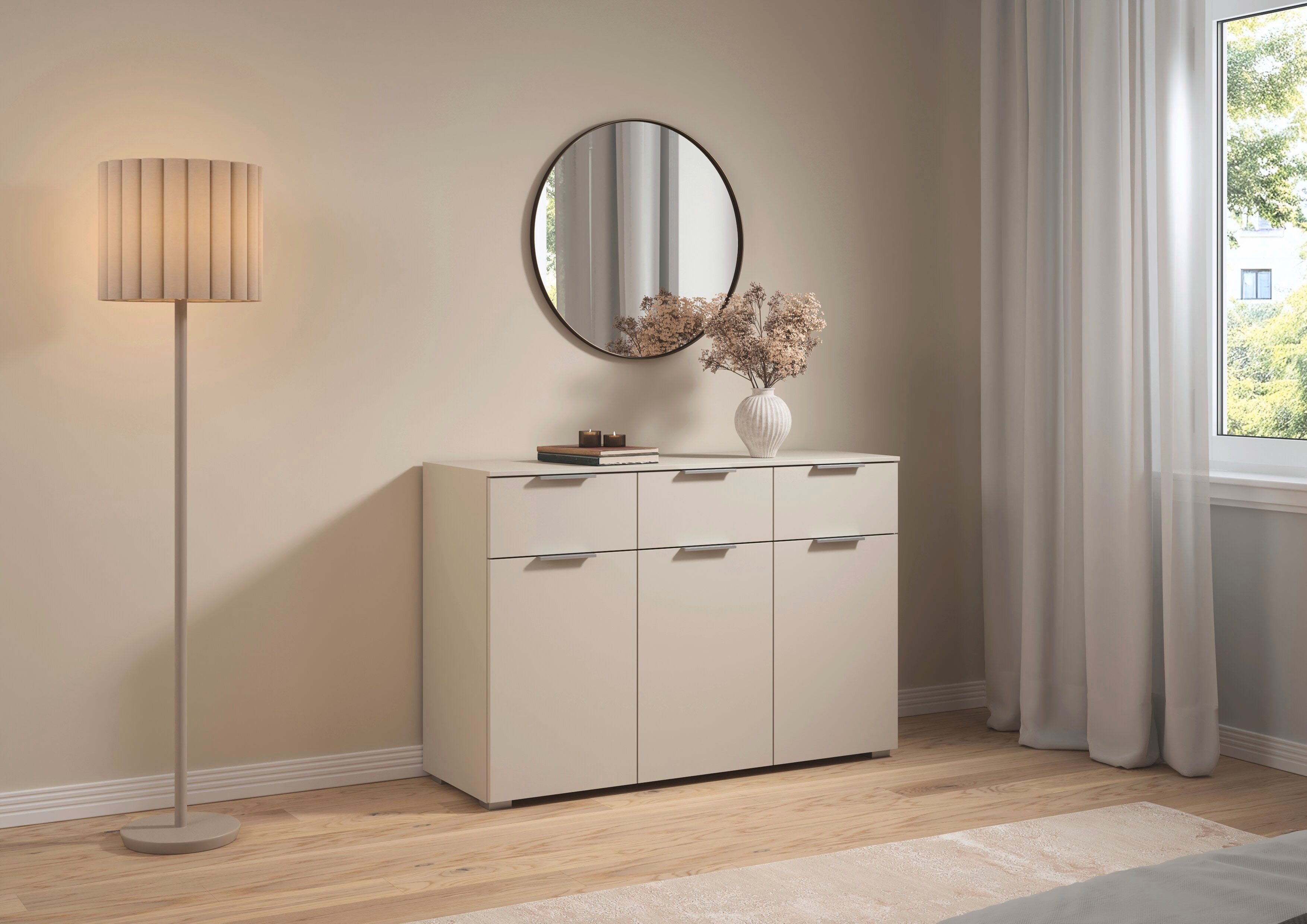 rauch Kombikommode Sideboard Schubladenkommode CORTONA mit Dekor-Front (Breite 120 cm inkl. Soft-Close-Funktion), mit 3 Schubladen und 3 verstellbaren Einlegeboden MADE IN GERMANY