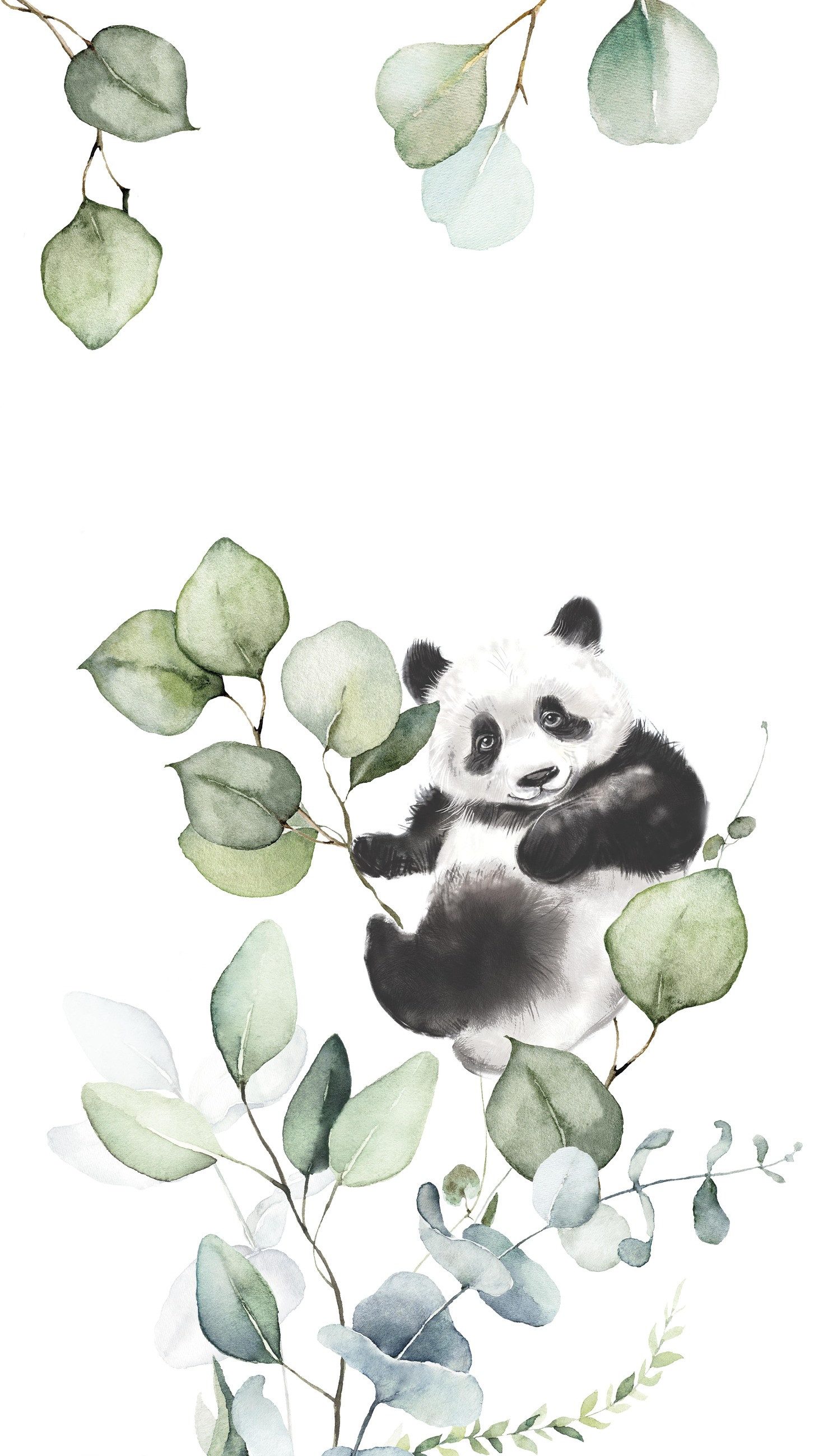 Rasch Fototapete Kinderzimmer mit Panda und Eukalyptus - 2,8m x 1,59m, strukturiert, natürlich, Blätter, botanisch, (1 Rolle, 1 St), Eukalyptusblätter, Pandabär