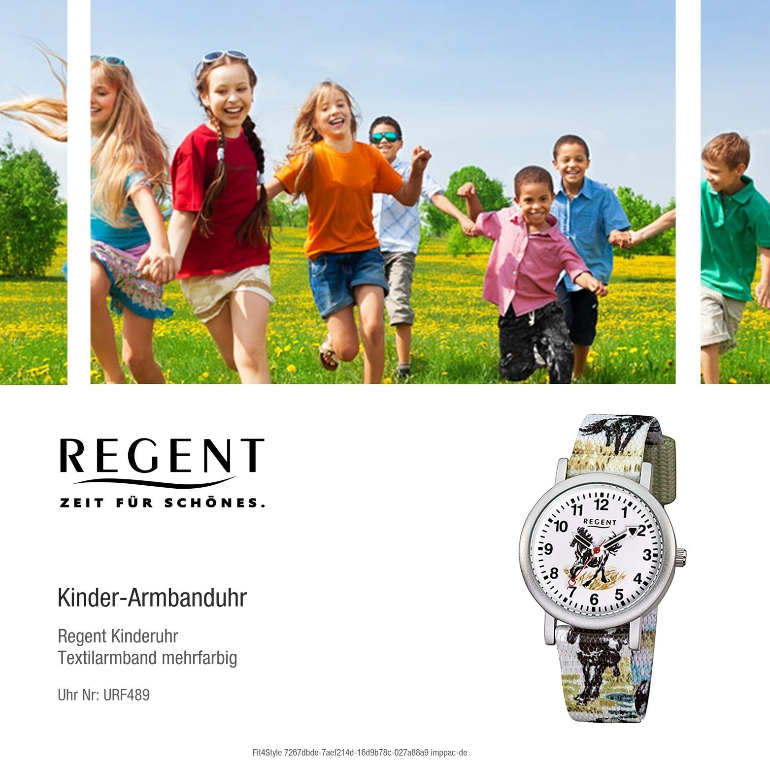 Regent Quarzuhr Regent Textil Kinder Uhr F-489 Quarzuhr, Kinderuhr  Textilarmband mehrfarbig, rundes Gehäuse, klein (ca. 29mm)